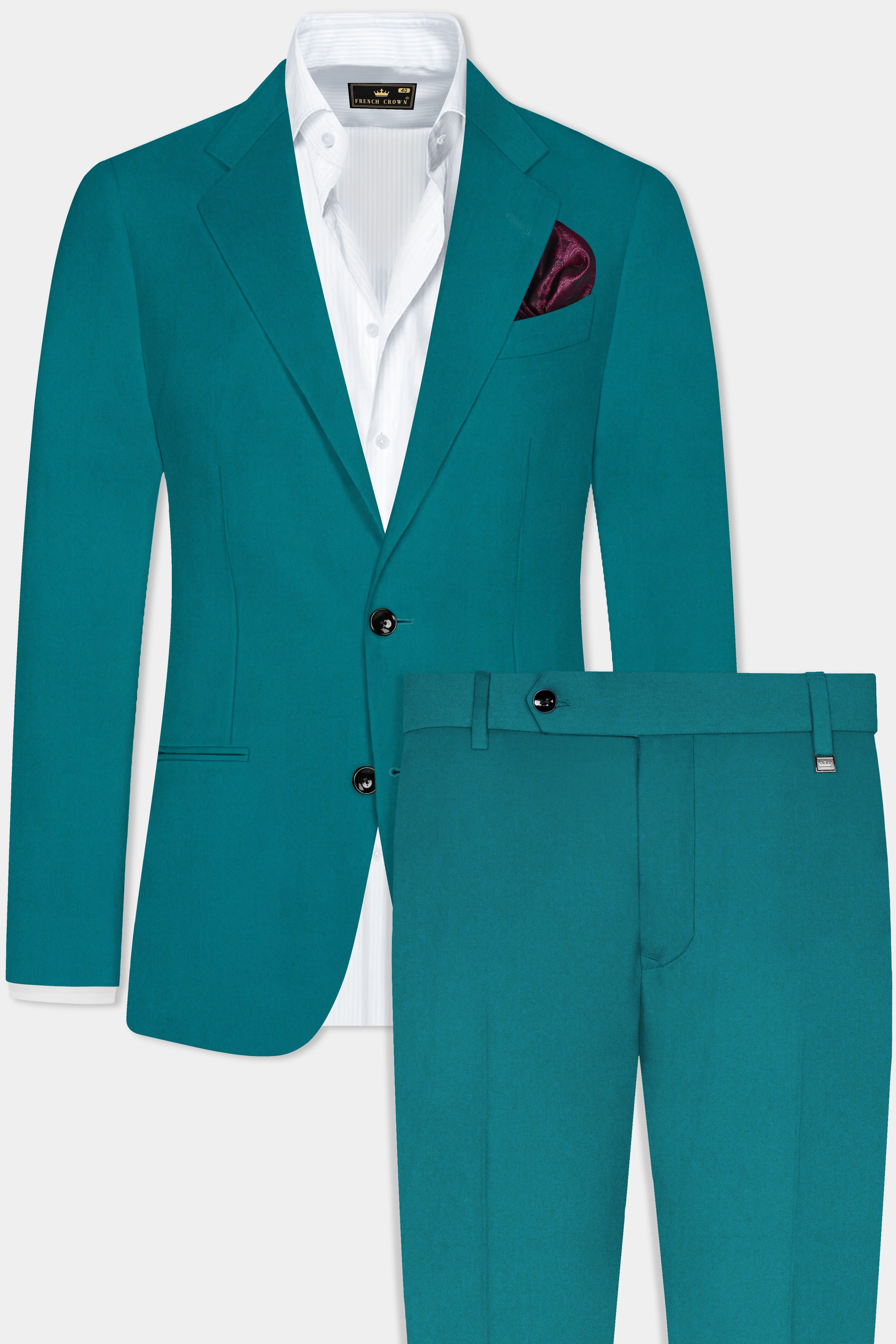 Surfie Green Plain Solid Wool Blend Single Breasted Suit