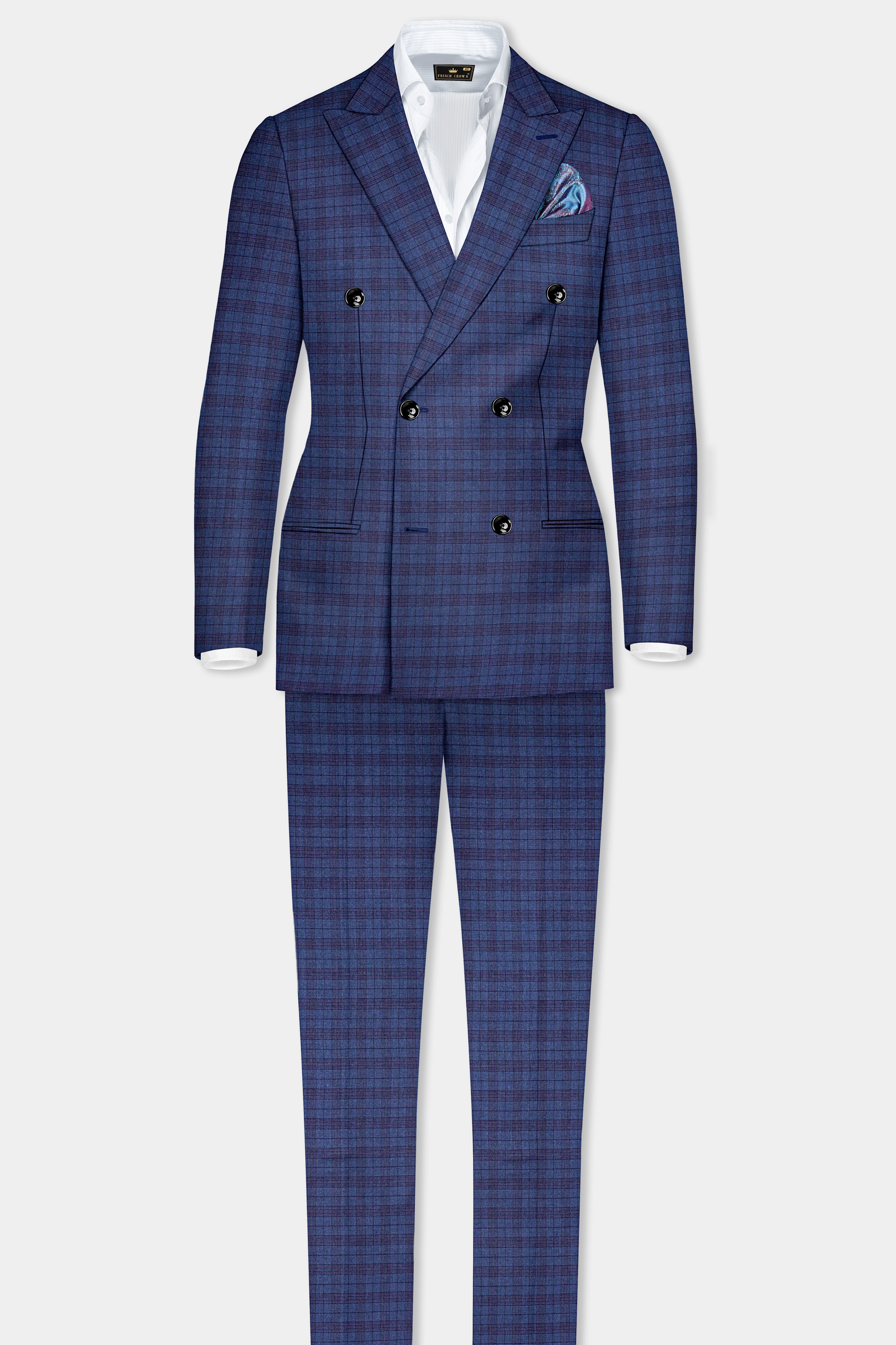 Martinique Blue Plaid Wool Blend Double Breasted Suit