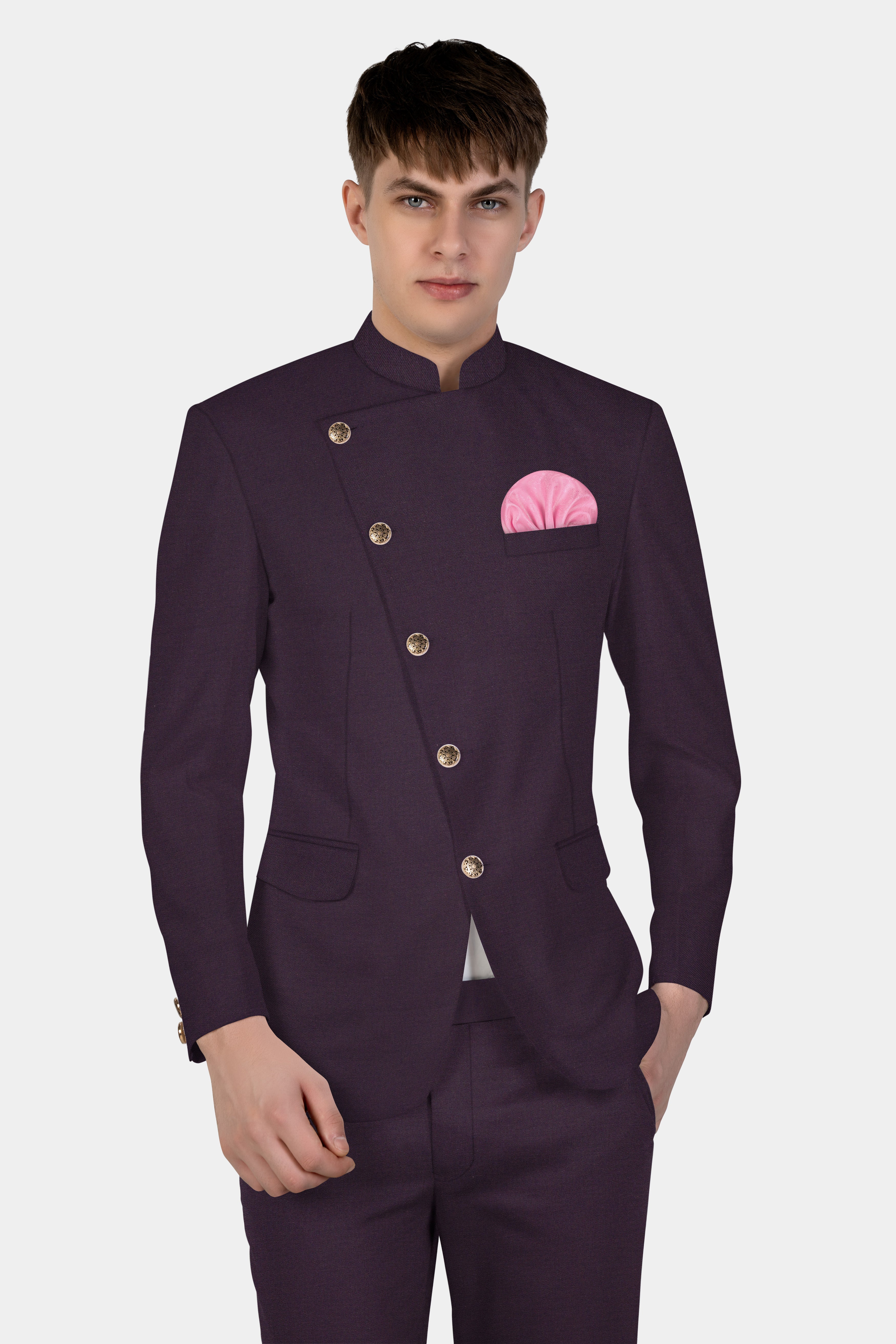 Eminence Purple Solid Wool Blend Cross Placket Bandhgala Suit