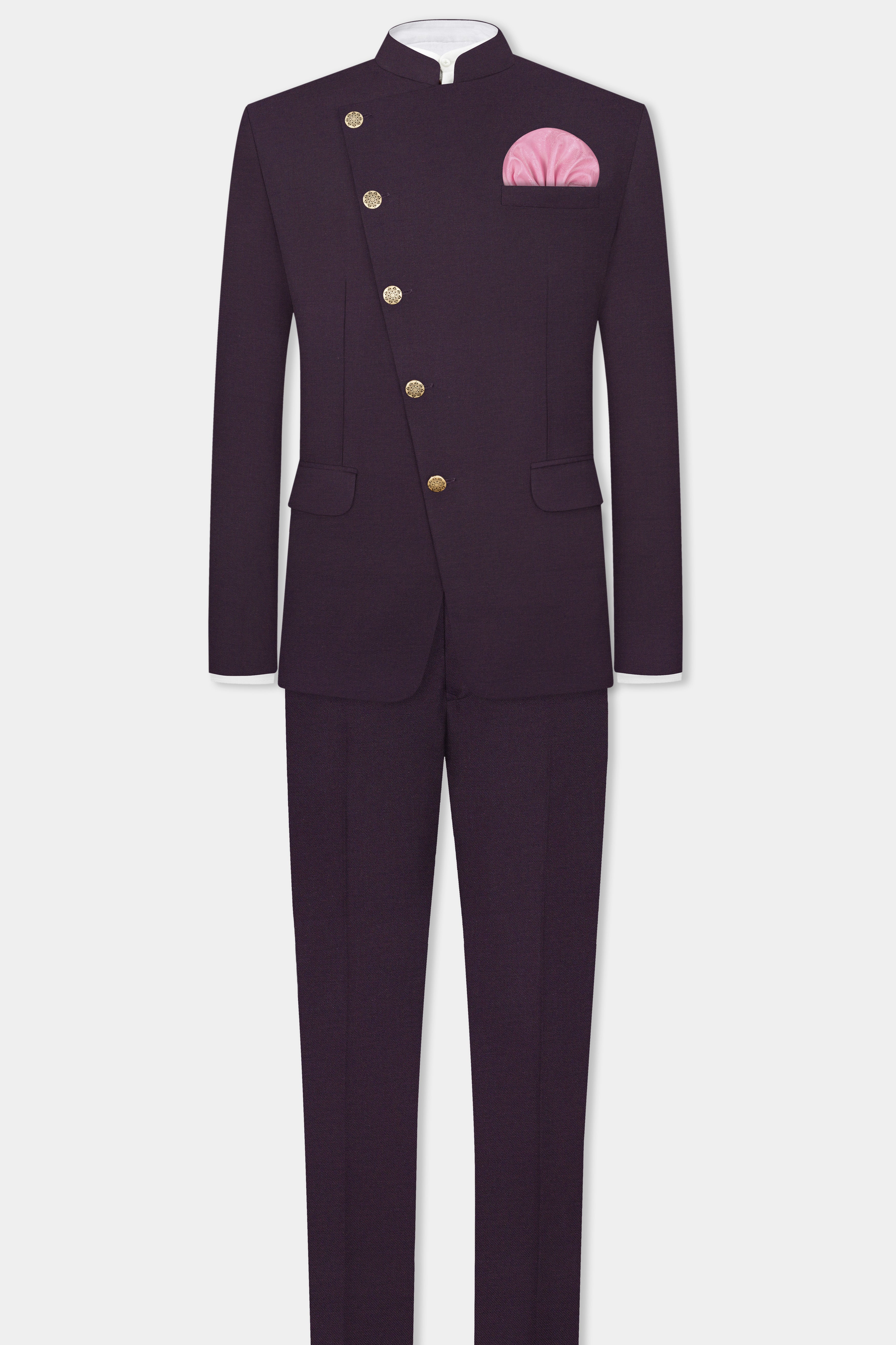 Eminence Purple Solid Wool Blend Cross Placket Bandhgala Suit