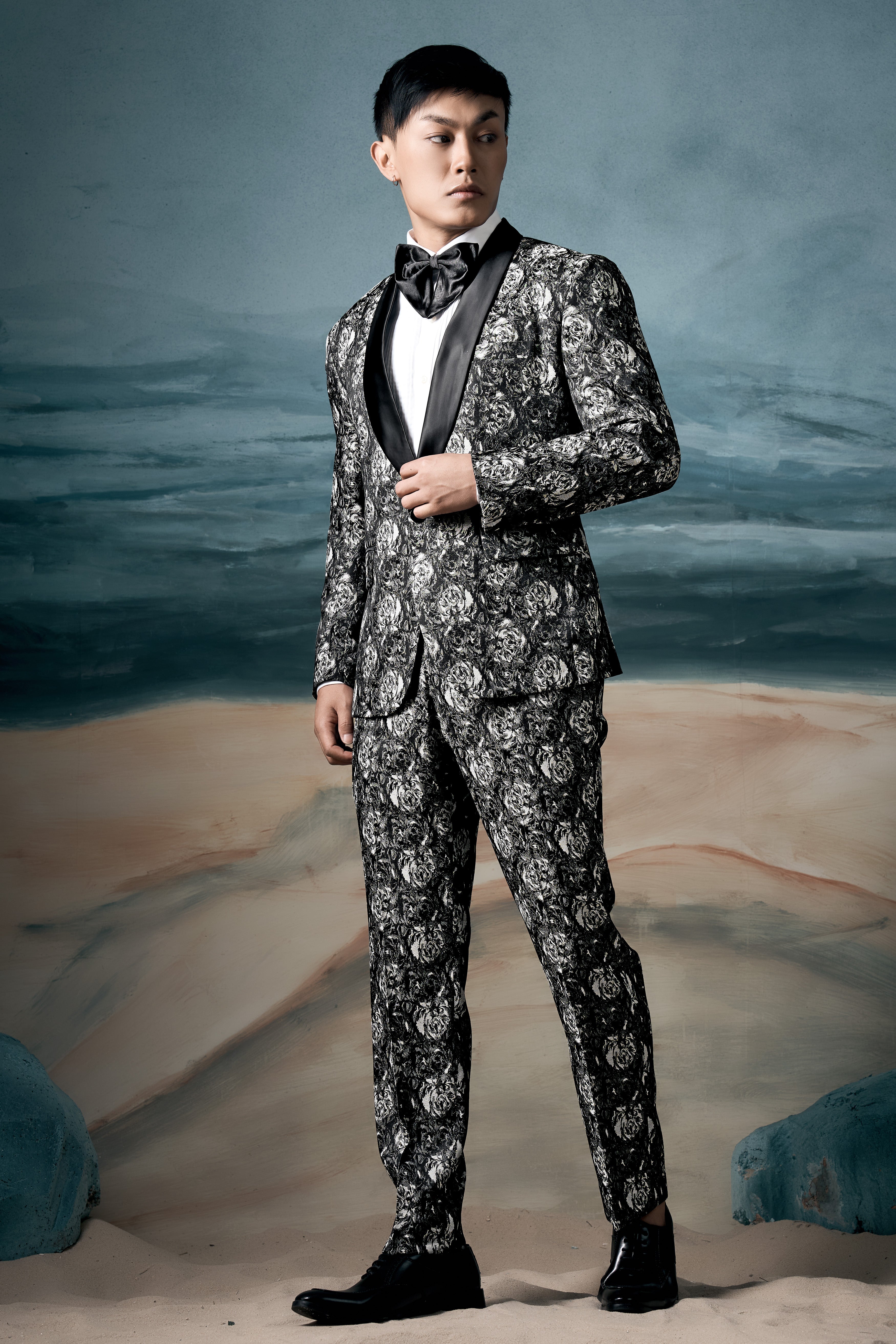 Vampire Gray Jacquard Textured Designer Tuxedo Suit