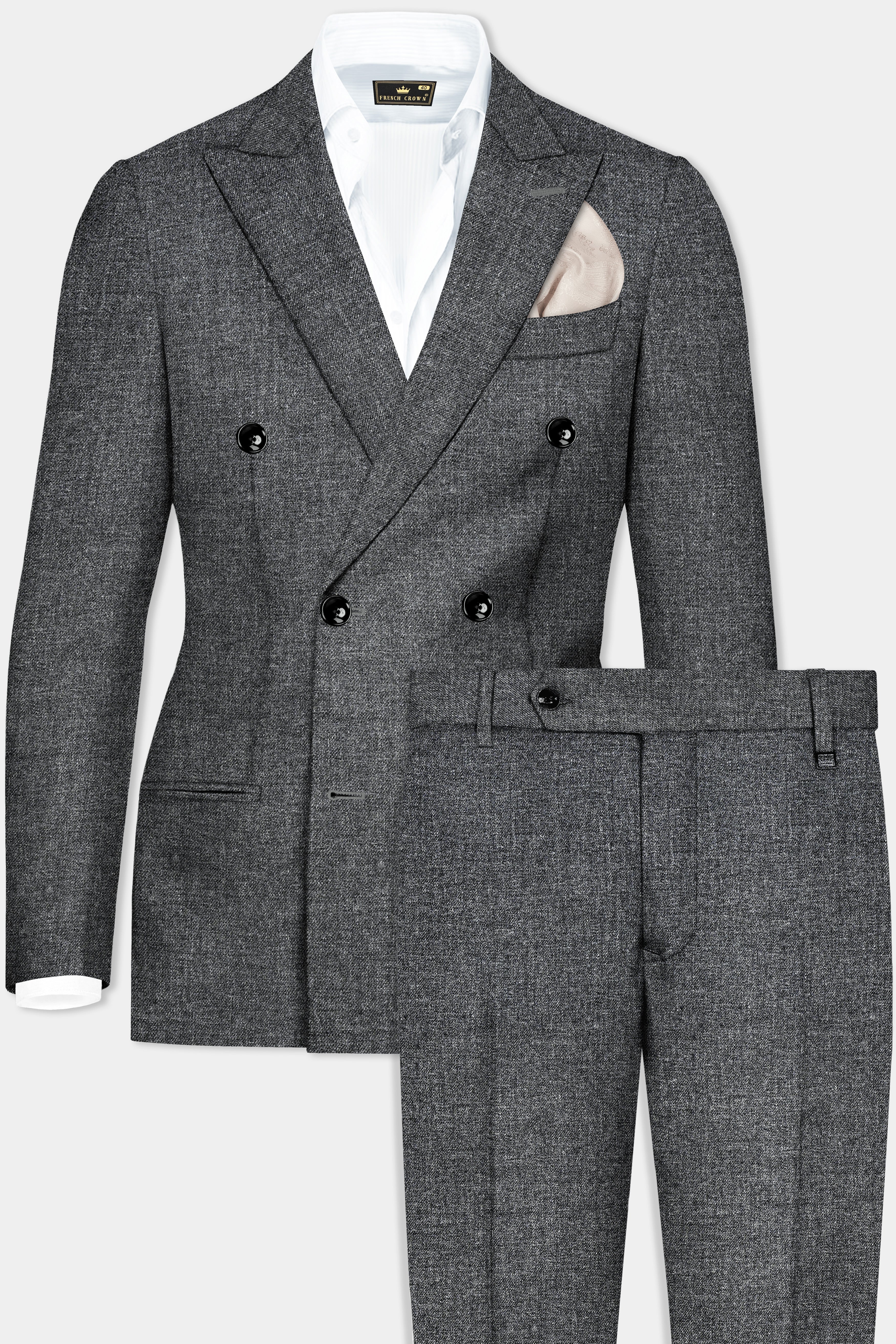 Vampire Gray Textured Wool Blend Flannel Double Breasted Suit