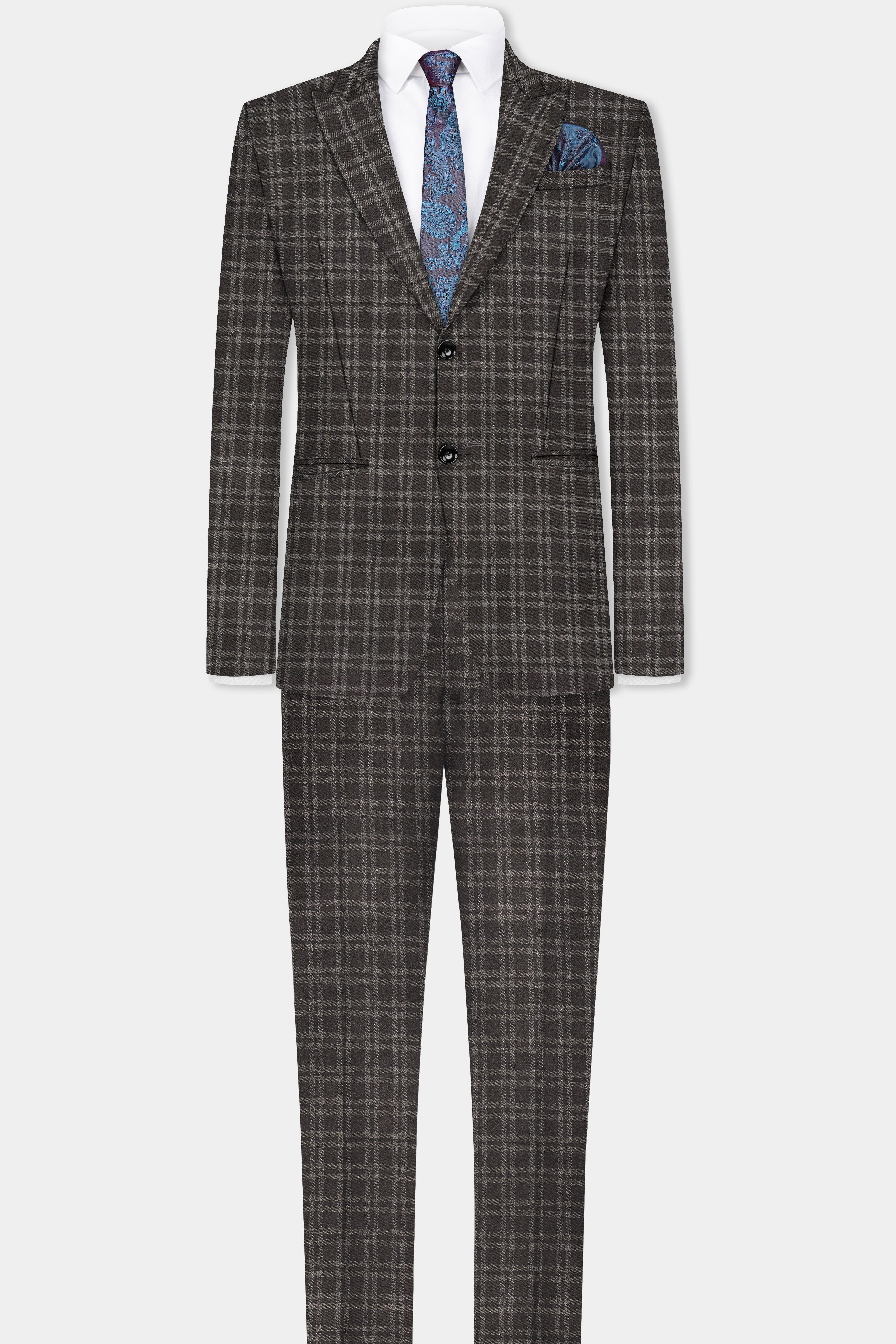 Espresso Brown Plaid Wool Blend Single Breasted Suit