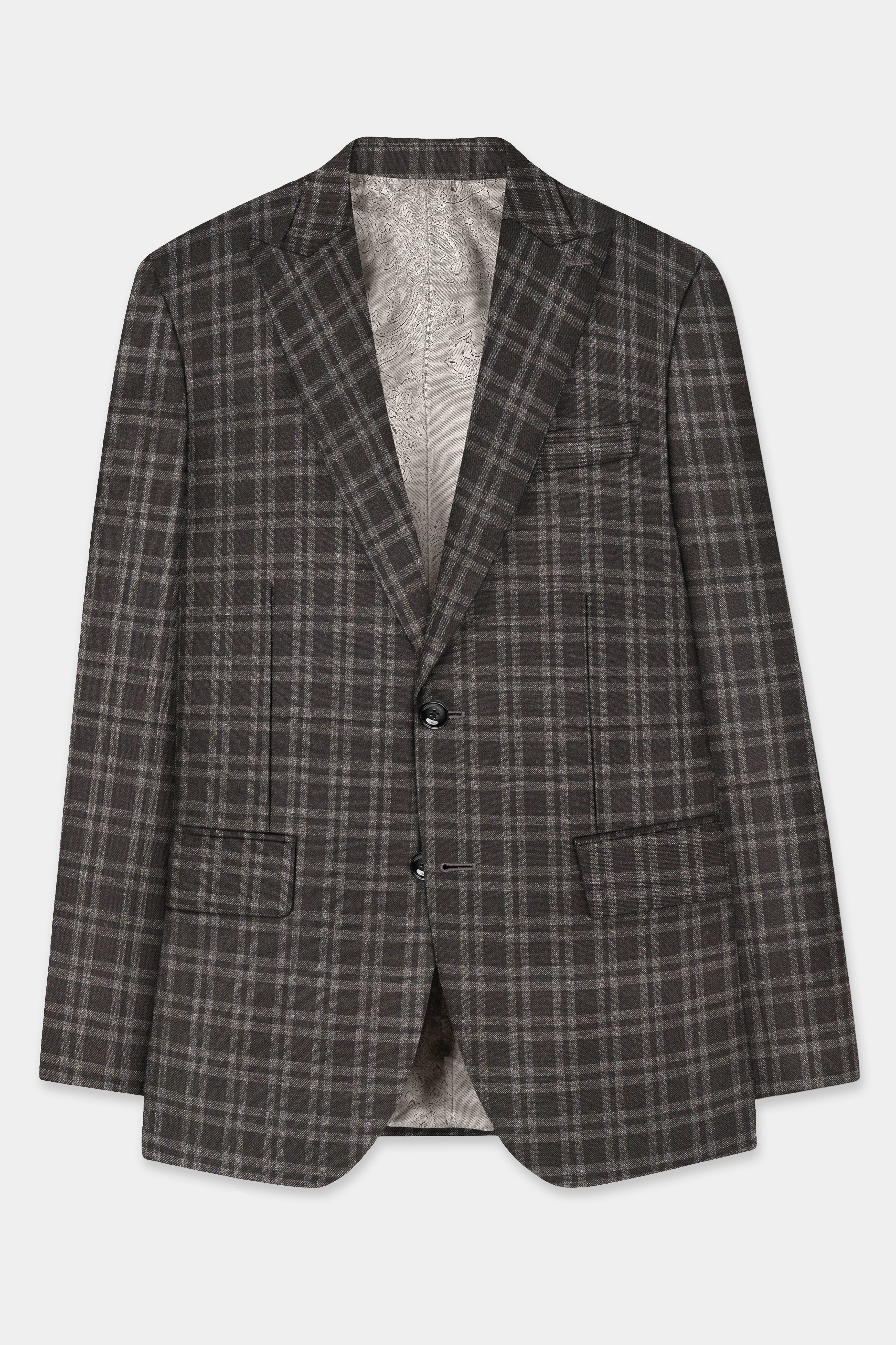 Espresso Brown Plaid Wool Blend Single Breasted Suit