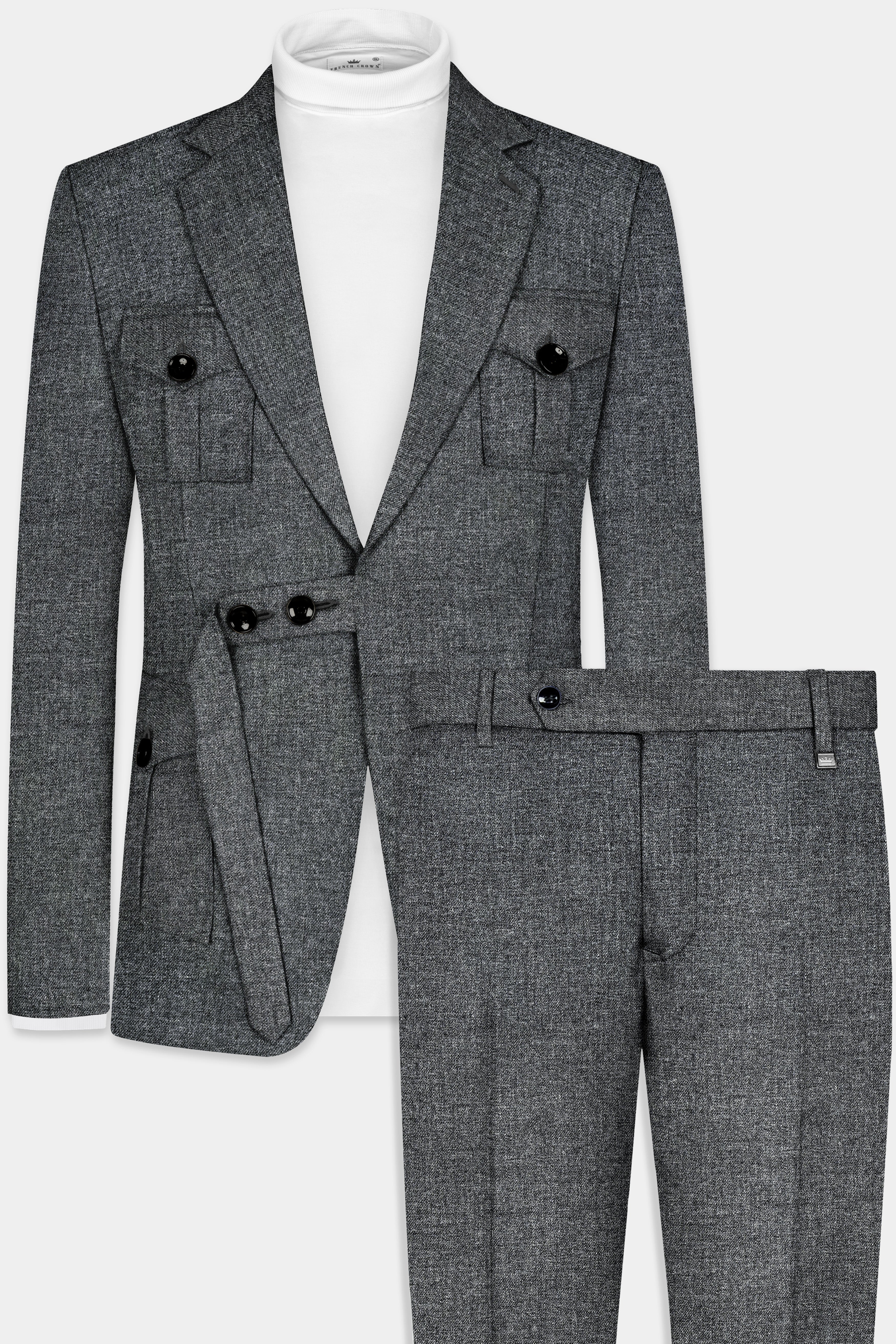 Vampire Gray Textured Wool Blend Flannel Belt Closure Designer Suit