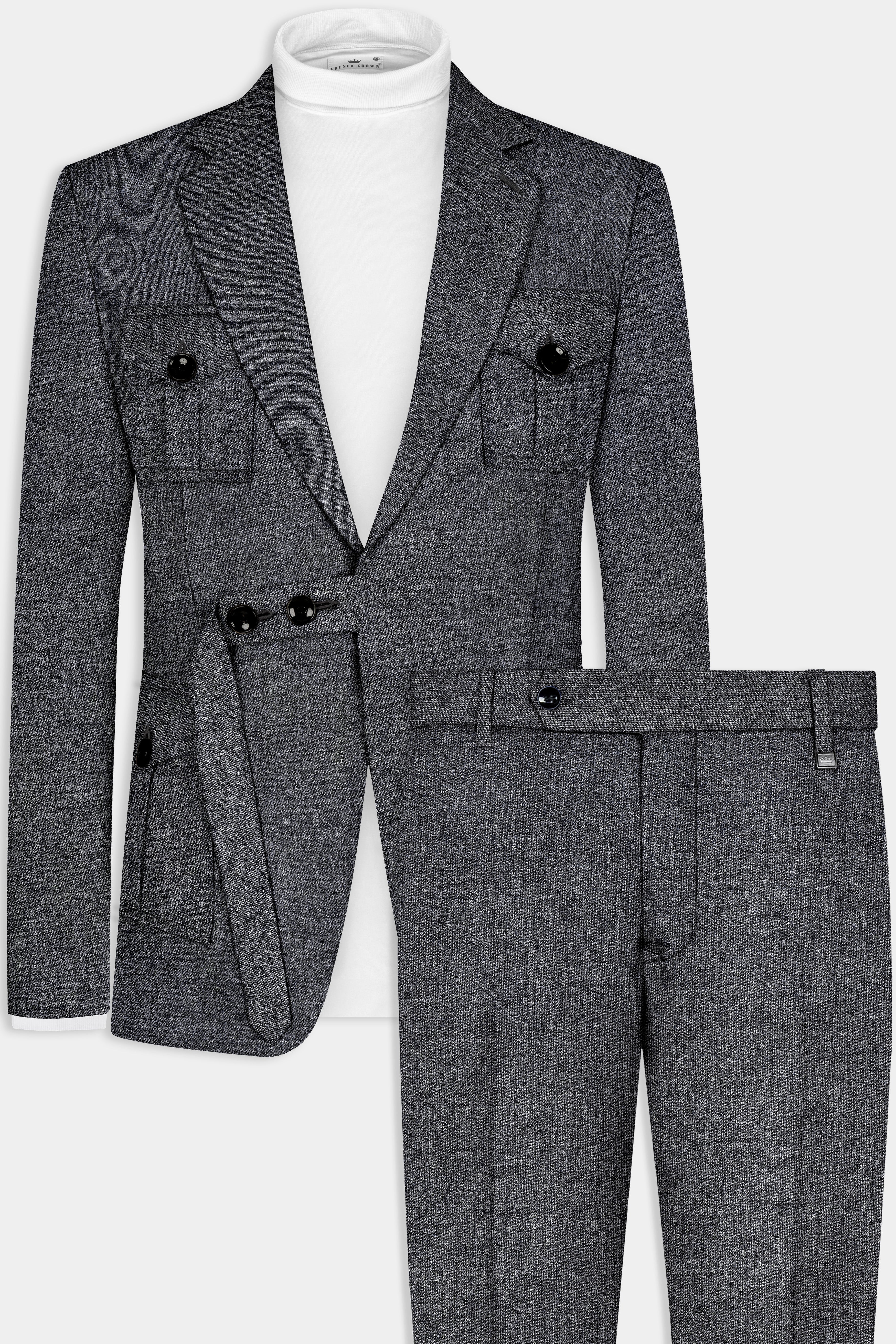 Vampire Gray Textured Wool Blend Flannel Belt Closure Designer Suit