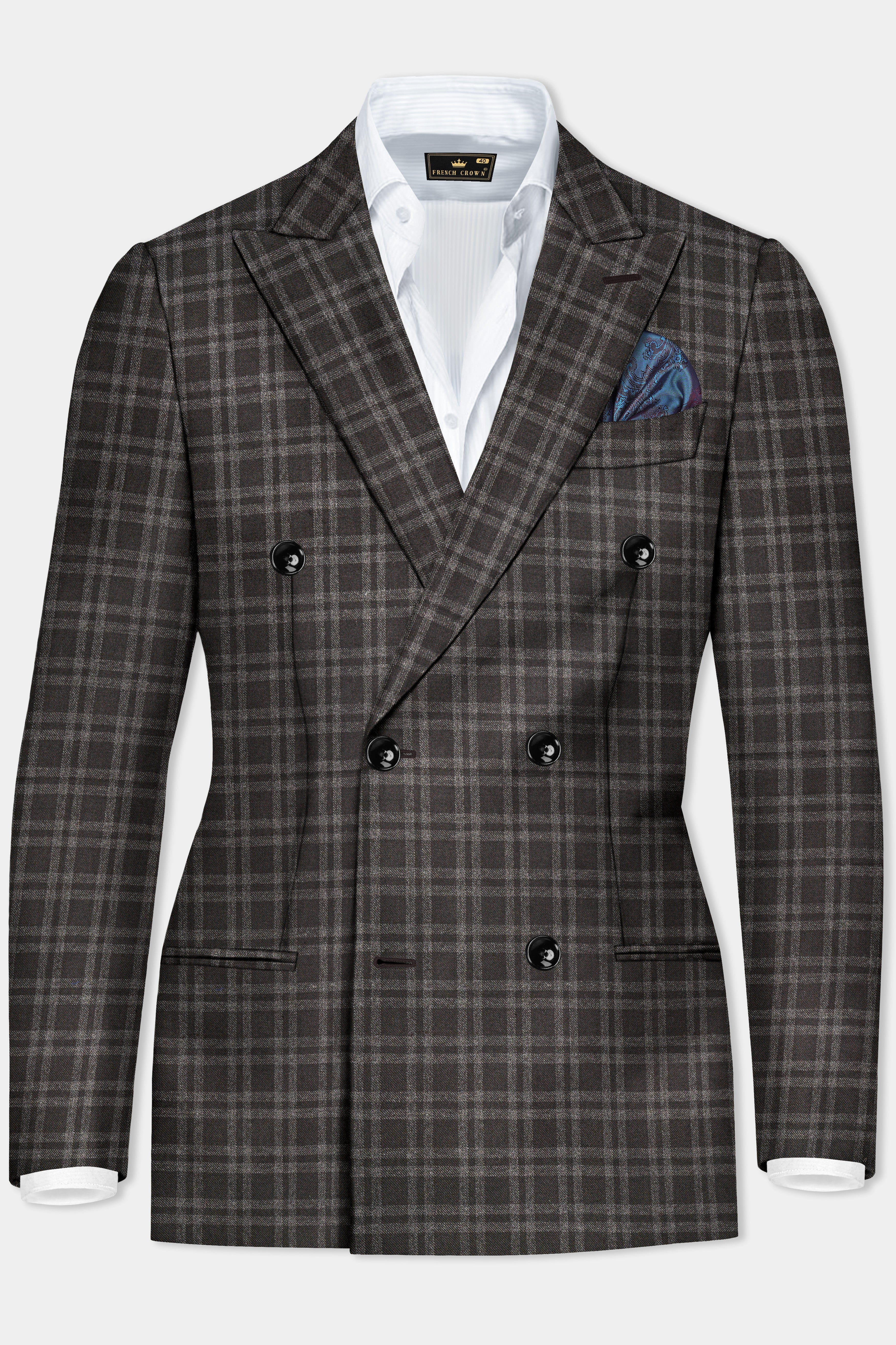 Espresso Brown Plaid Wool Blend Double Breasted Suit