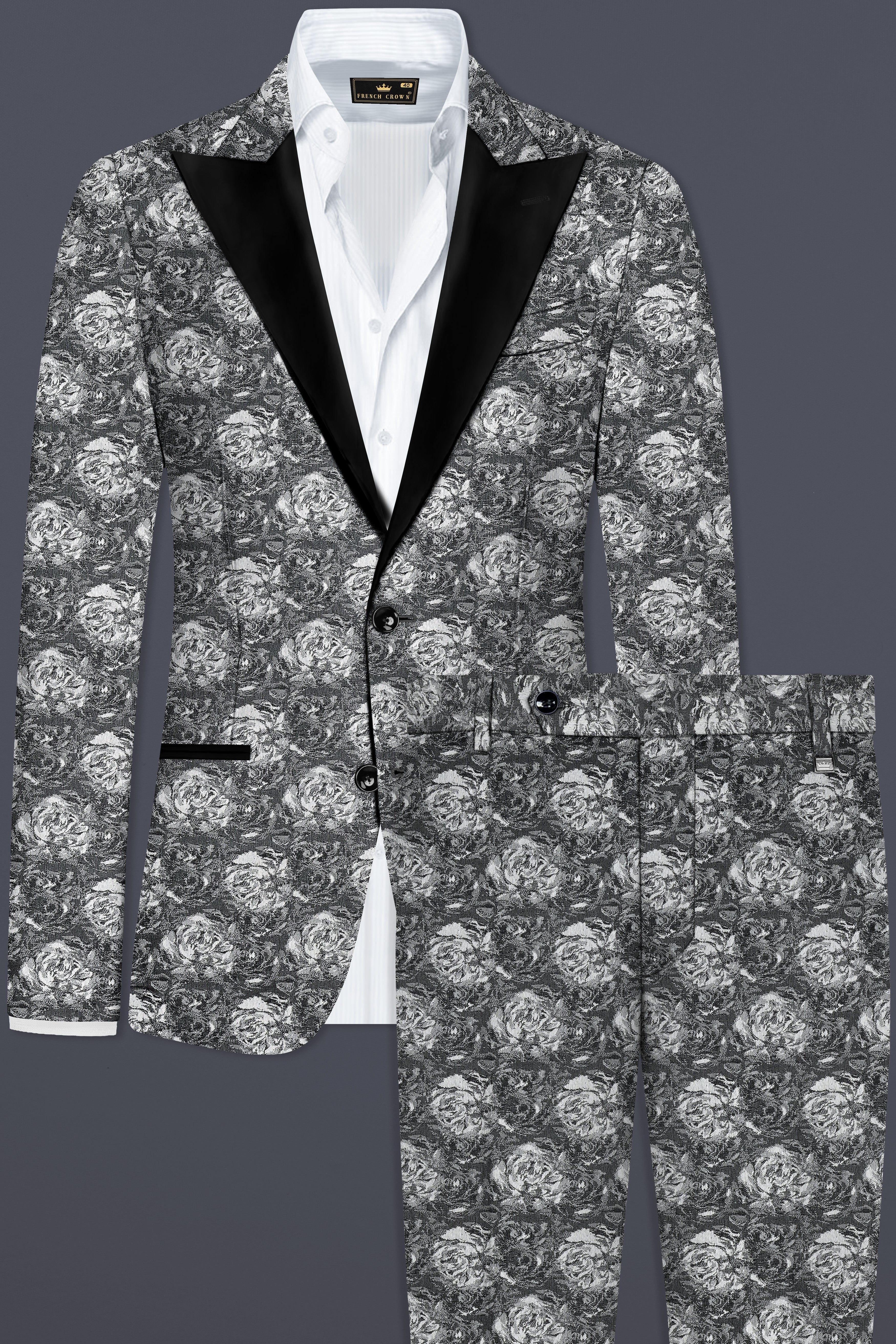 Vampire Gray Jacquard Textured Designer Peak Collar Tuxedo Suit