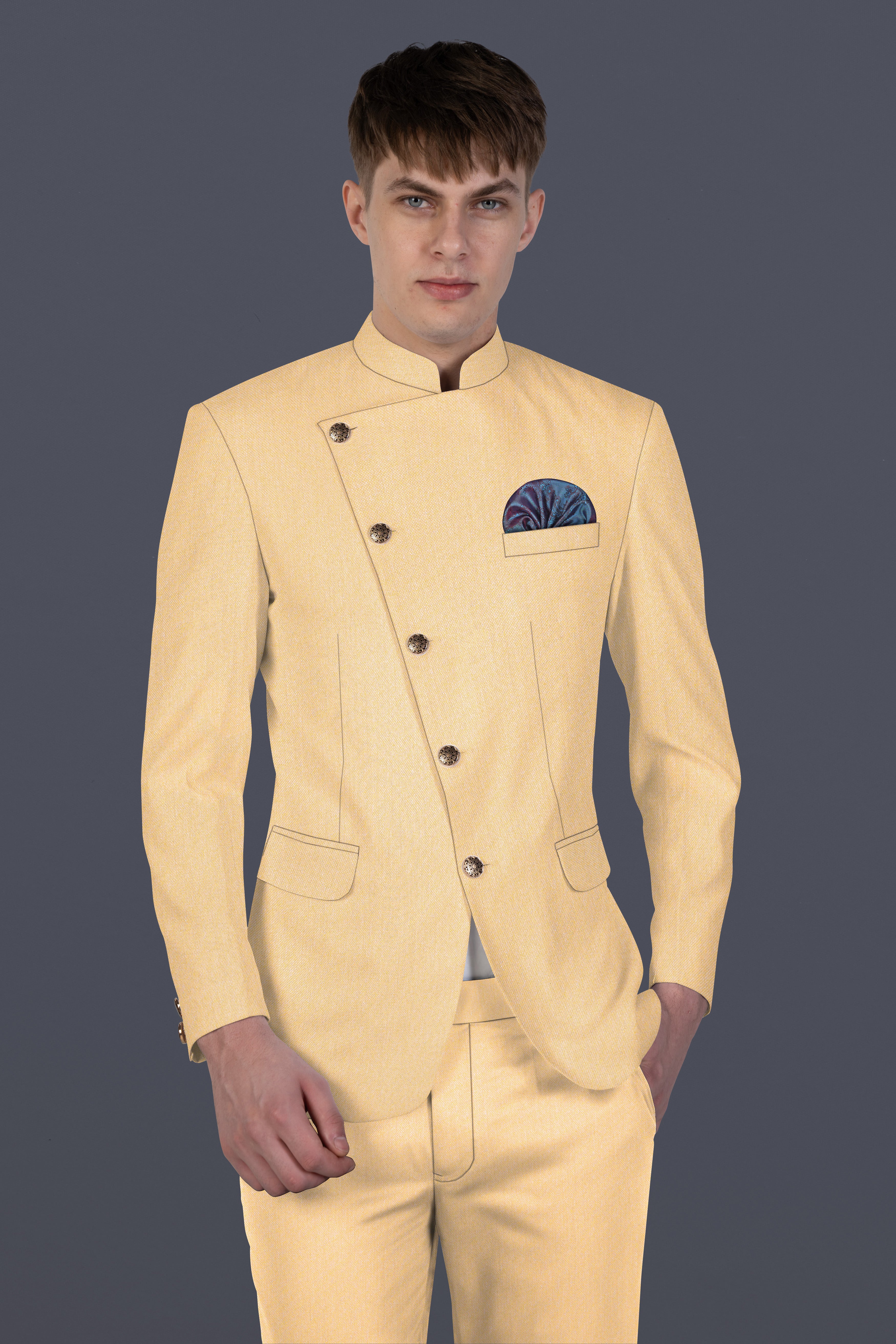 Marzipan Cream Textured Wool Blend Cross Placket Bandhgala Suit