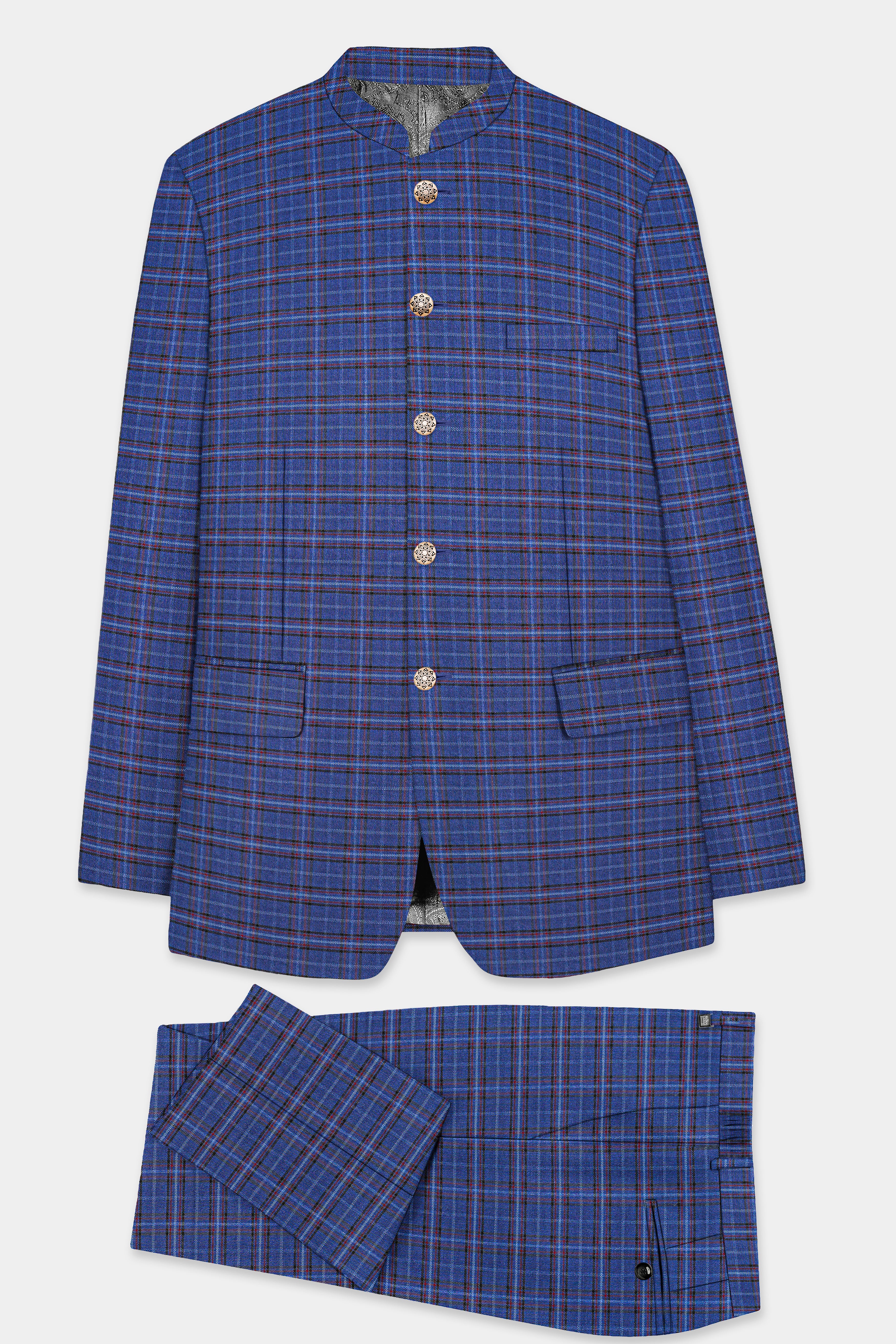 Zodiac Blue Plaid Wool Blend Bandhgala Suit