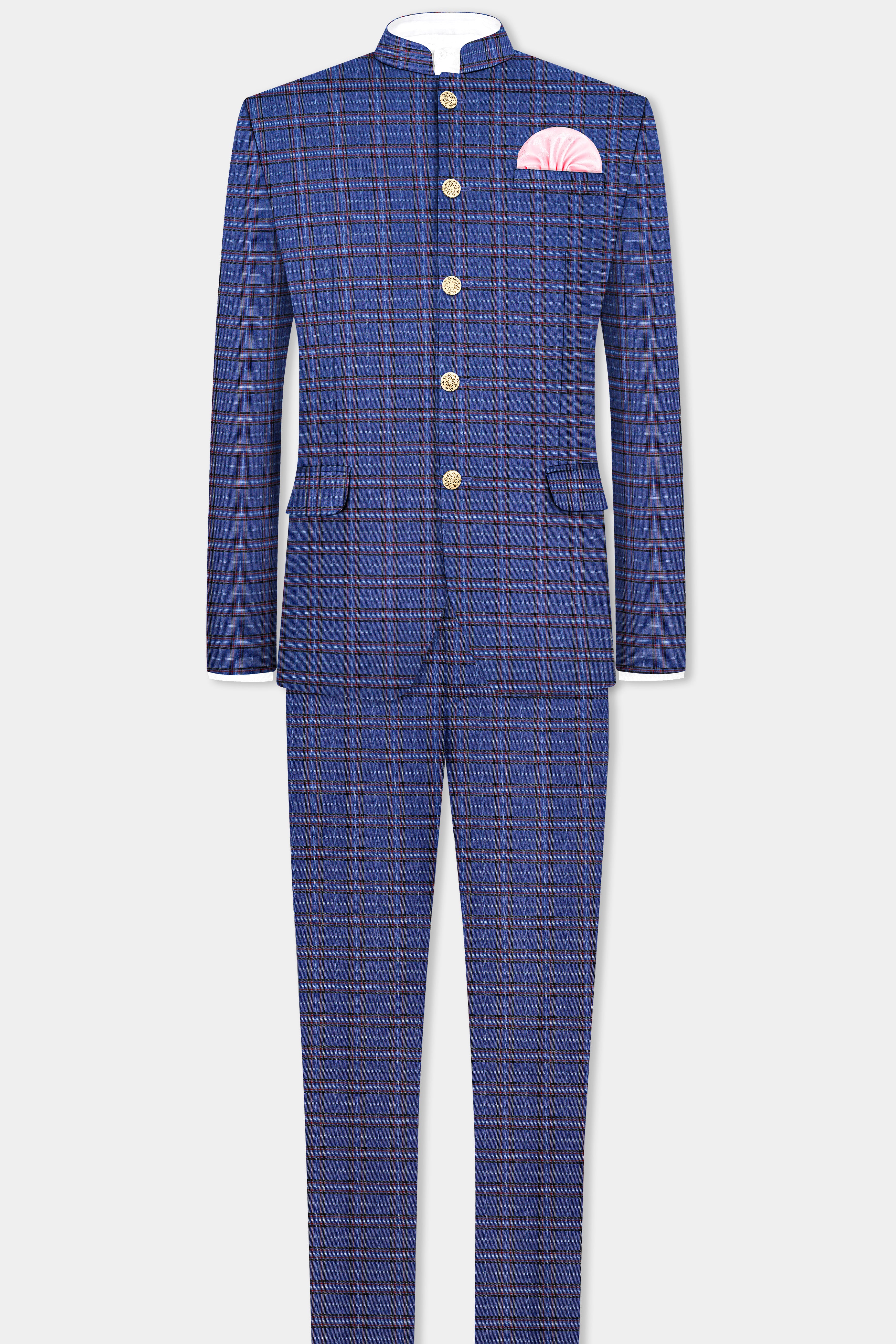 Zodiac Blue Plaid Wool Blend Bandhgala Suit