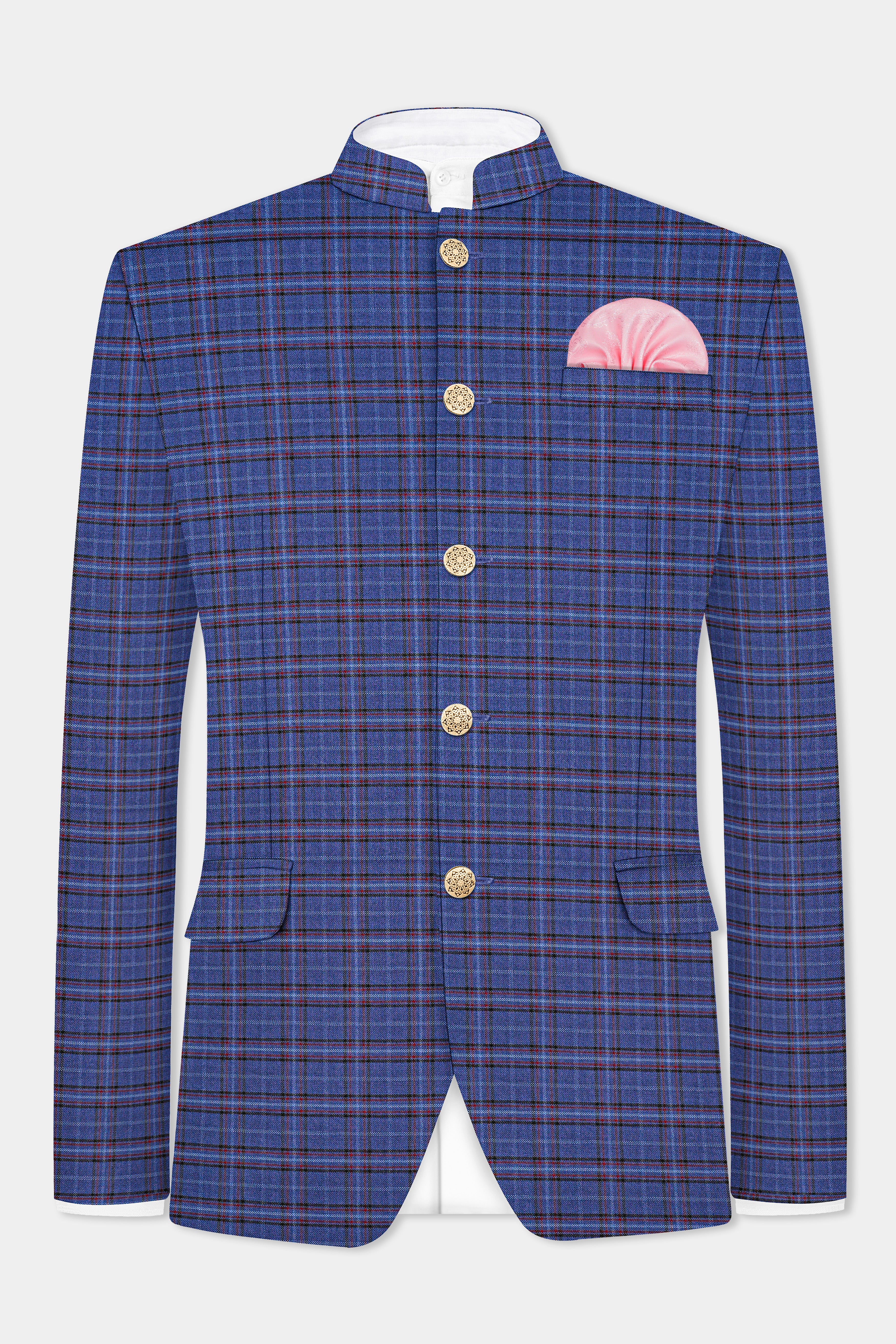 Zodiac Blue Plaid Wool Blend Bandhgala Suit