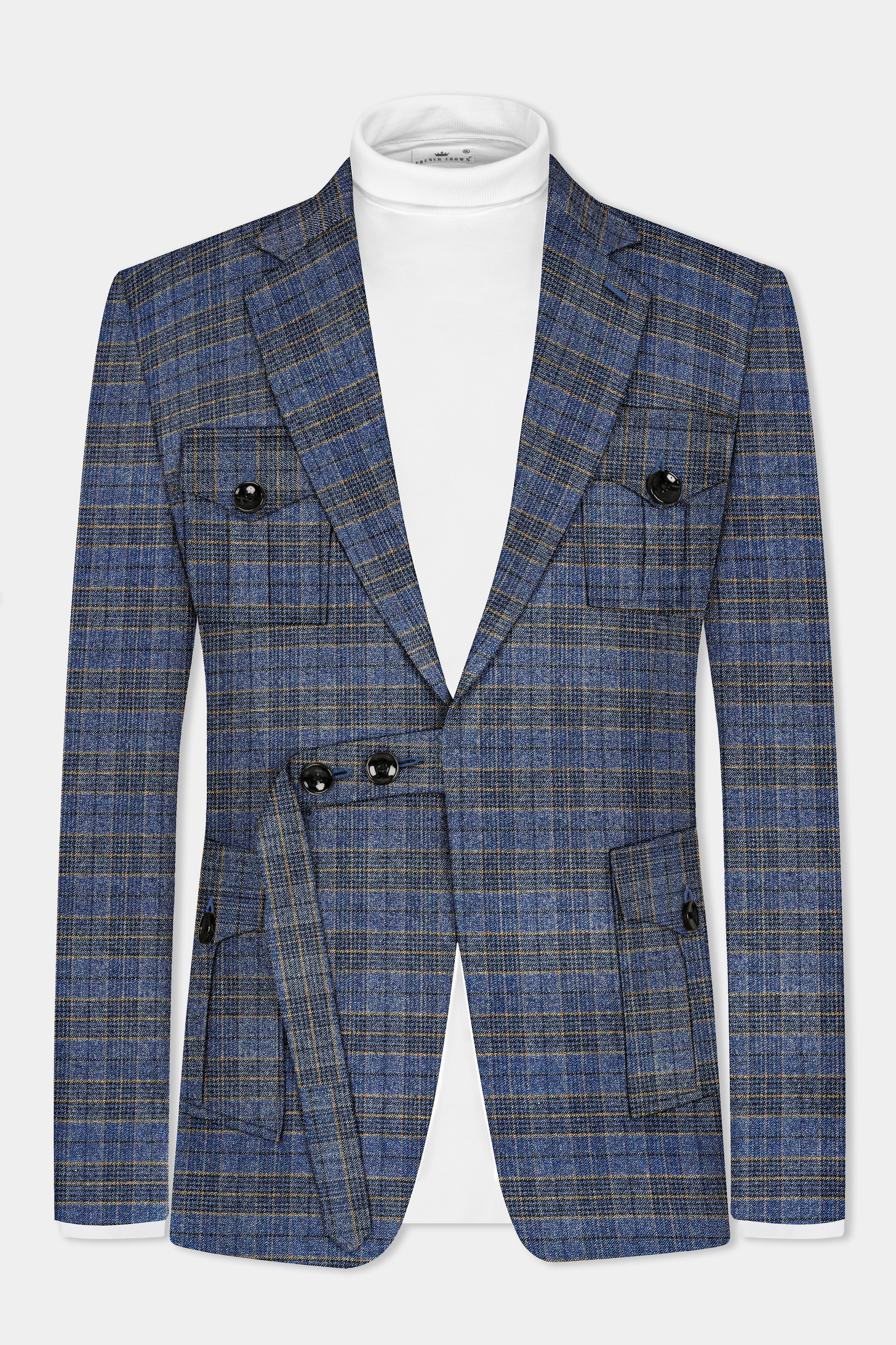 Dianne Blue Plaid Wool Blend Belt Closure Designer Suit