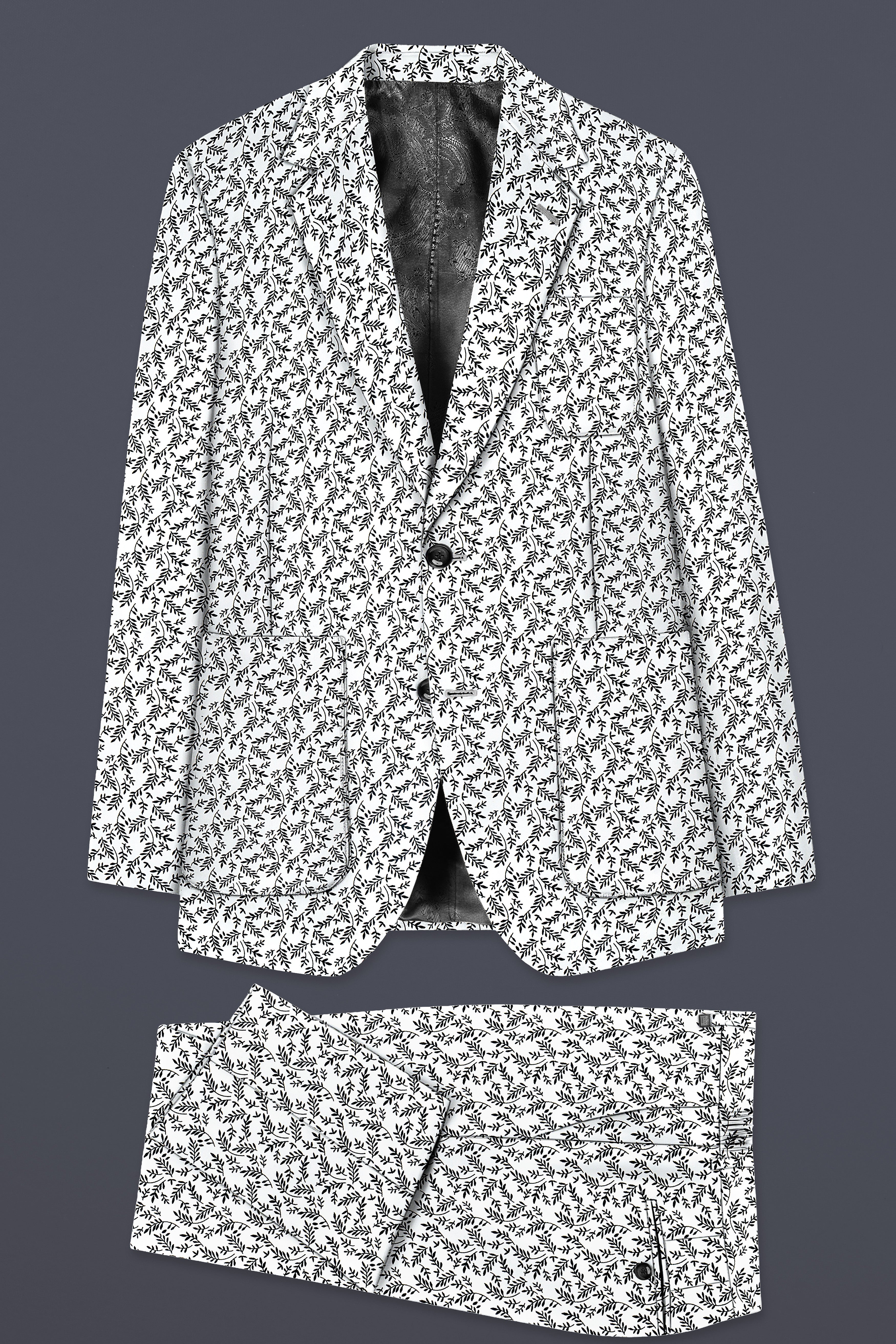 Bright White And jade Black Printed Cotton Single Breasted Designer Suit