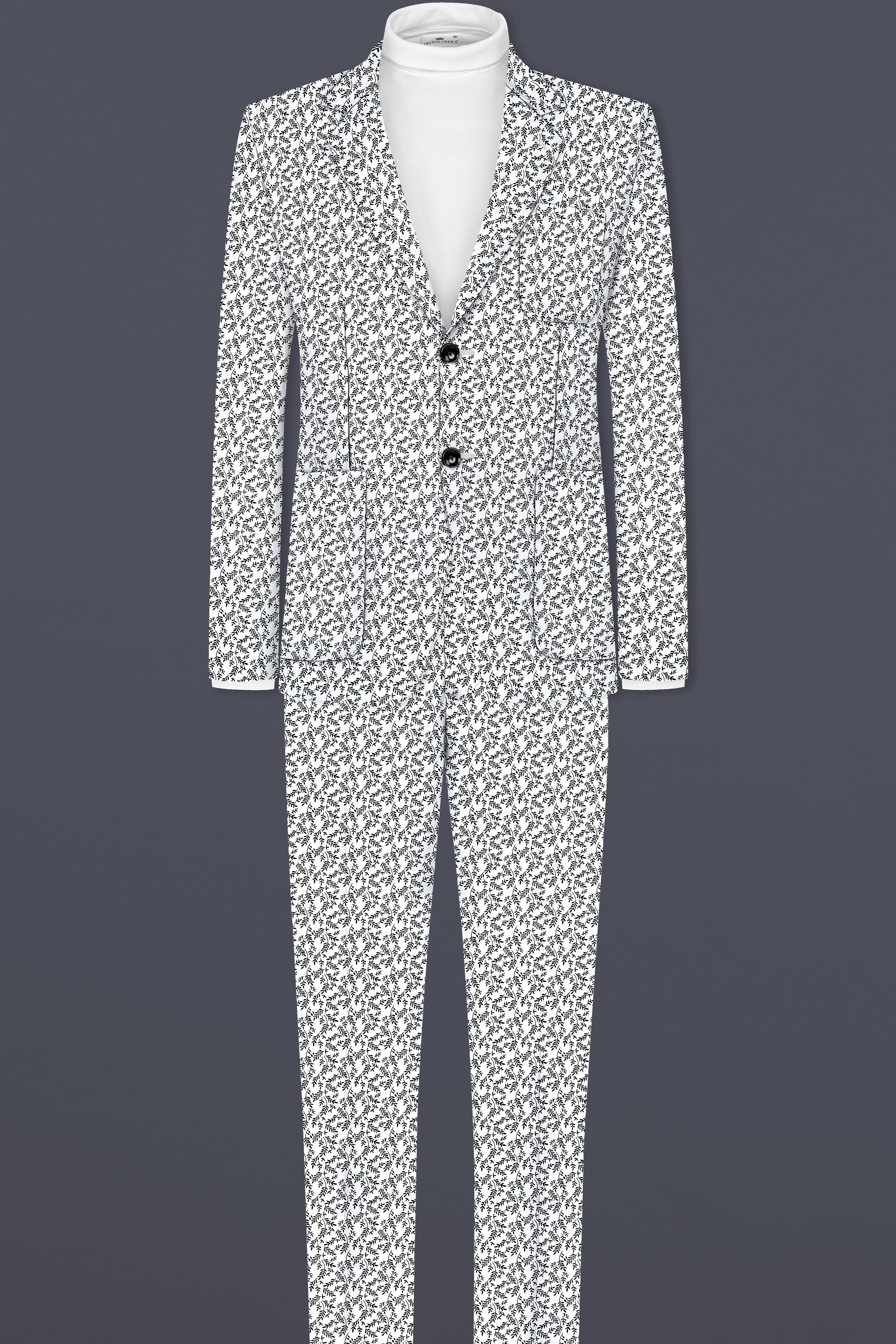 Bright White And jade Black Printed Cotton Single Breasted Designer Suit