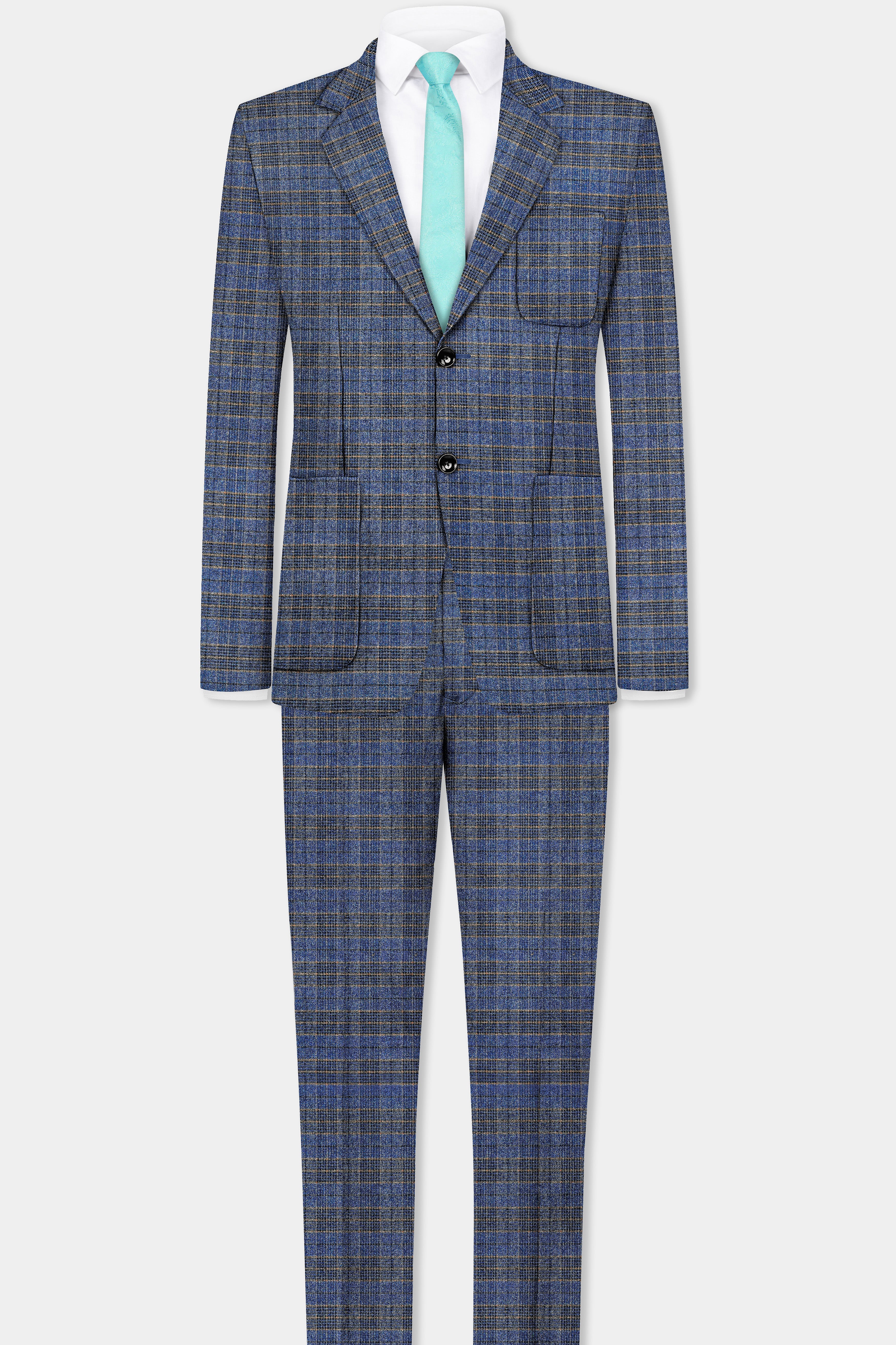 Dianne Blue Plaid Wool Blend Single Breasted Designer Suit