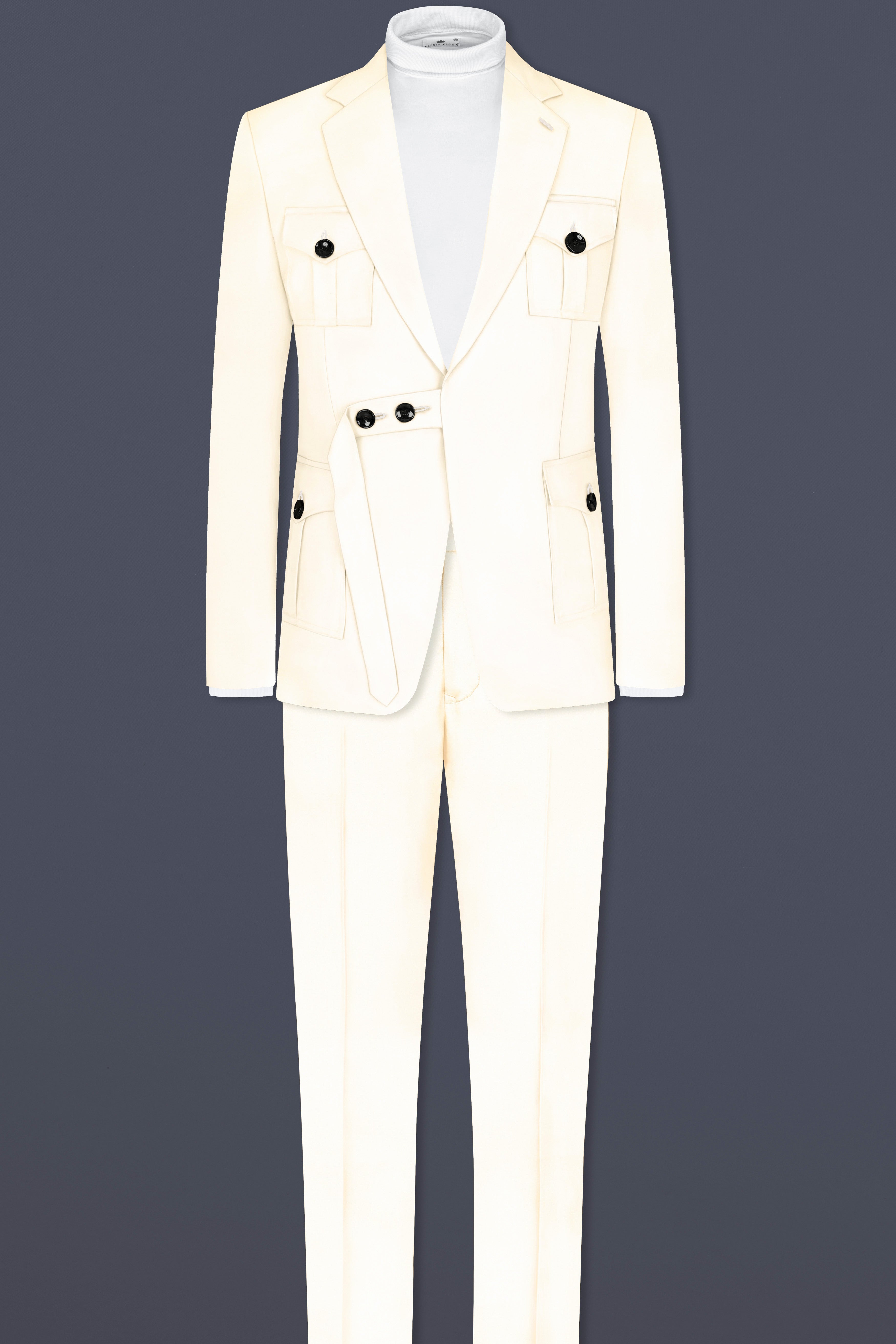 Swizzle Cream Solid Cotton Belt Closure Designer Suit