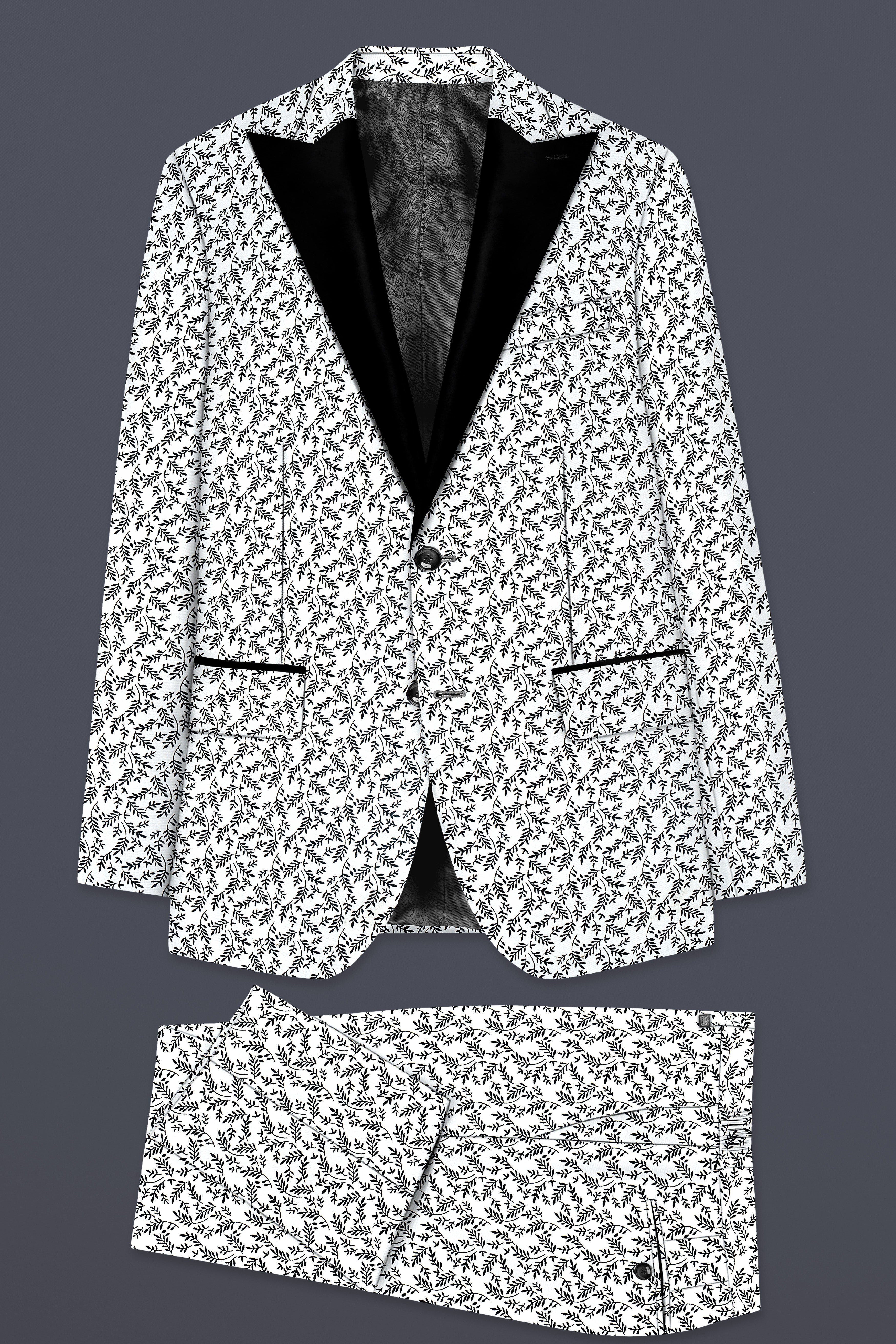 Bright White And Jade Black Printed Cotton Peak Collar Tuxedo Suit