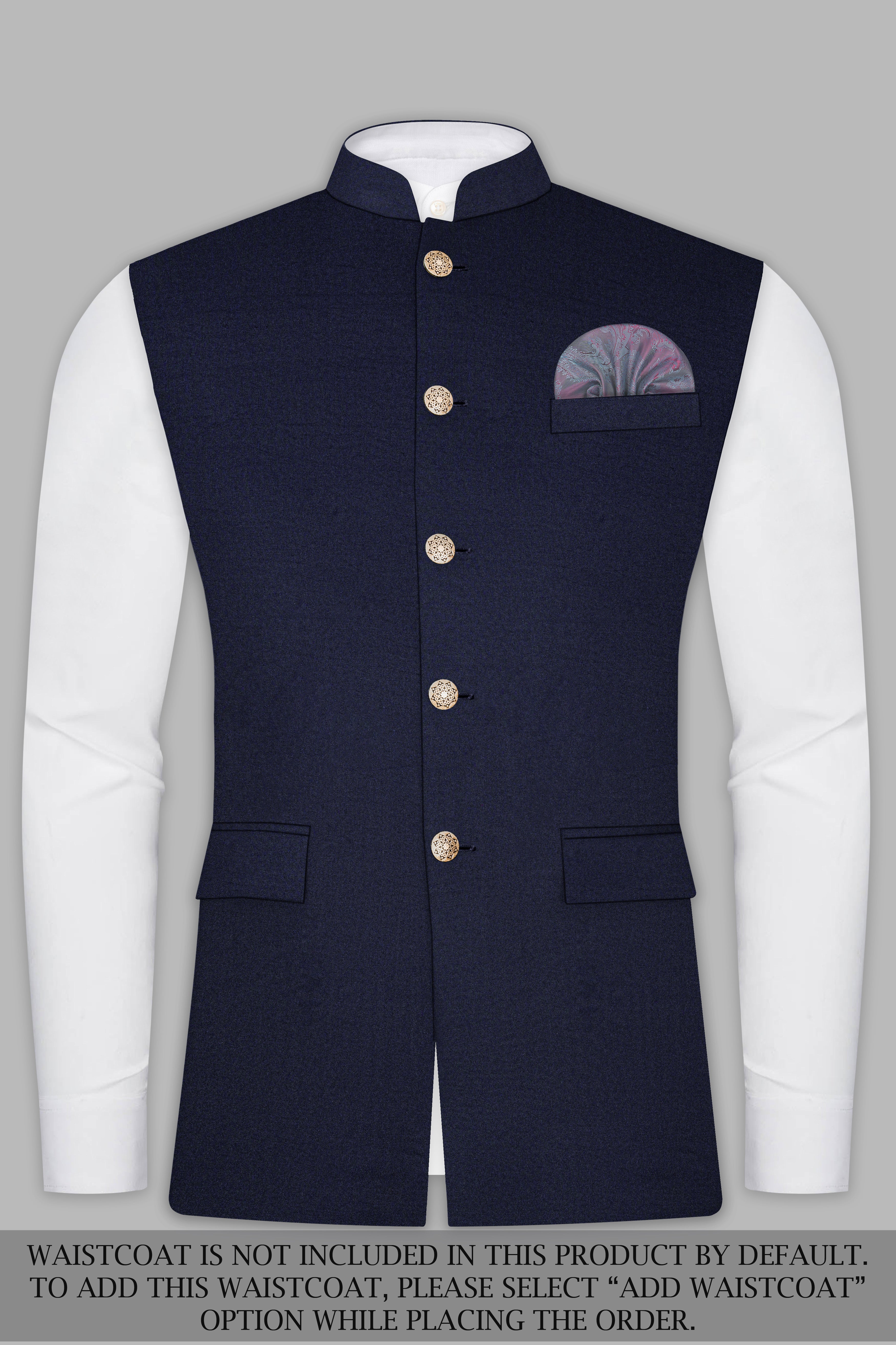 Thunder Blue Solid Wool Blend Cross Placket Bandhgala Suit