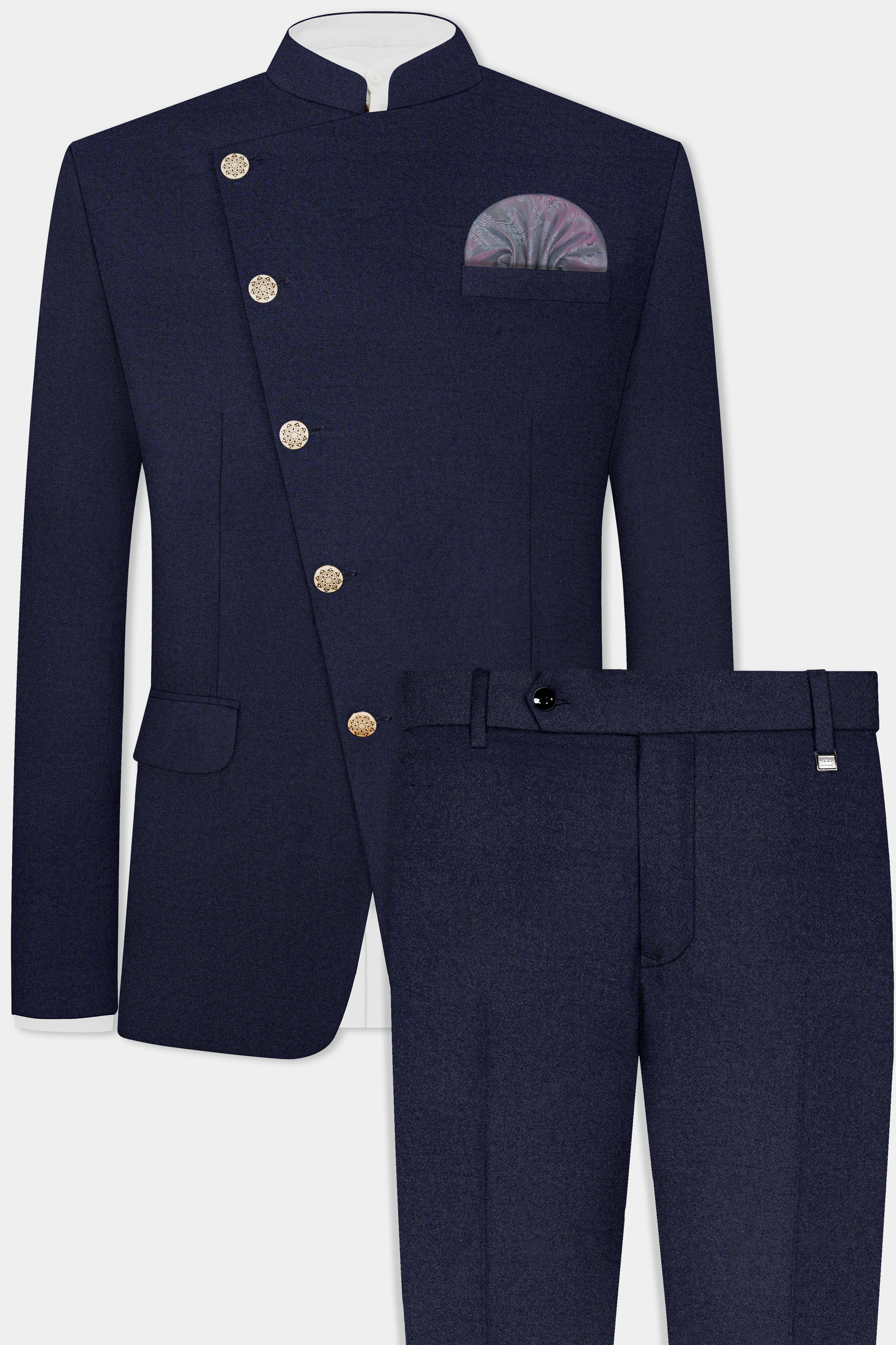 Thunder Blue Solid Wool Blend Cross Placket Bandhgala Suit