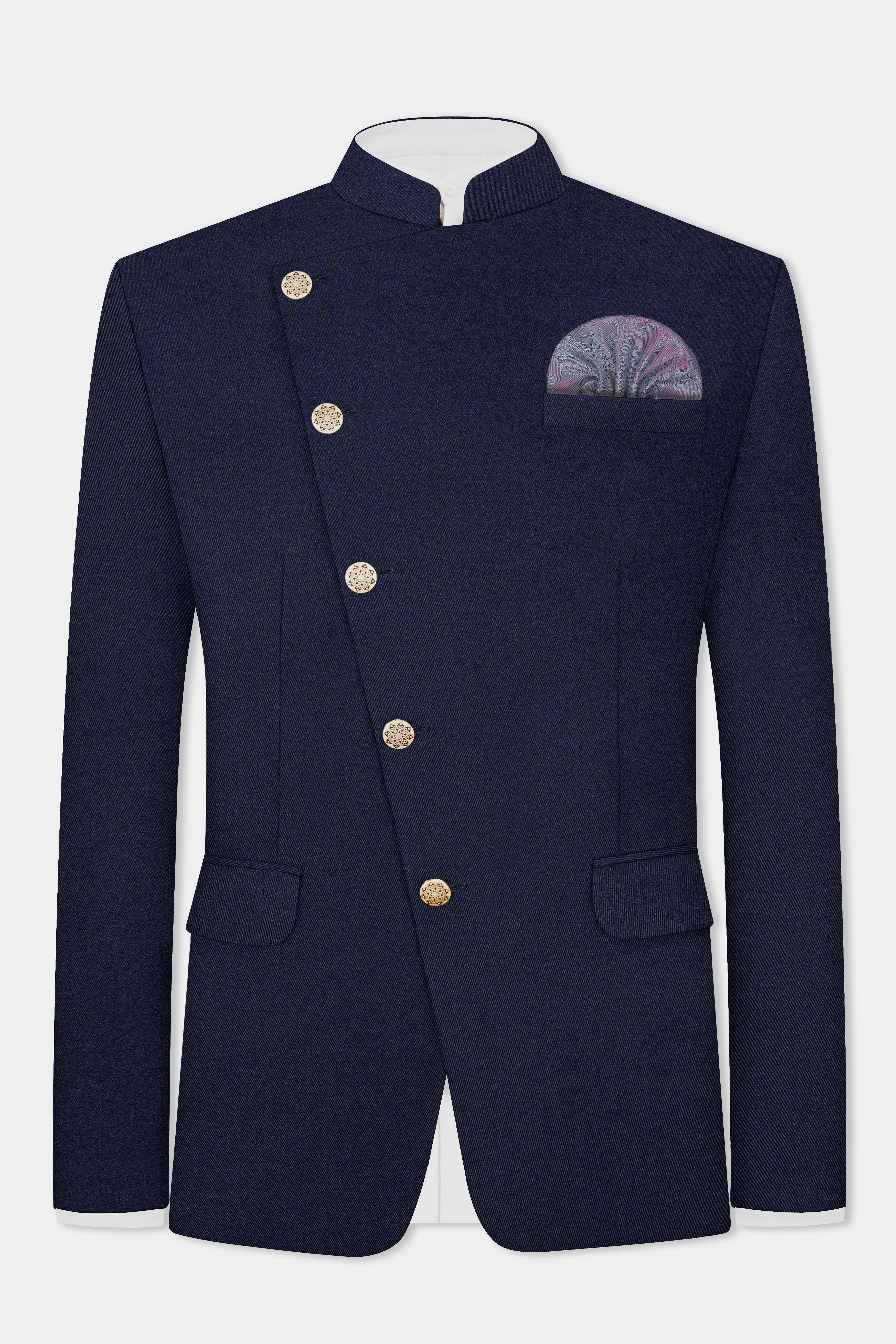 Thunder Blue Solid Wool Blend Cross Placket Bandhgala Suit