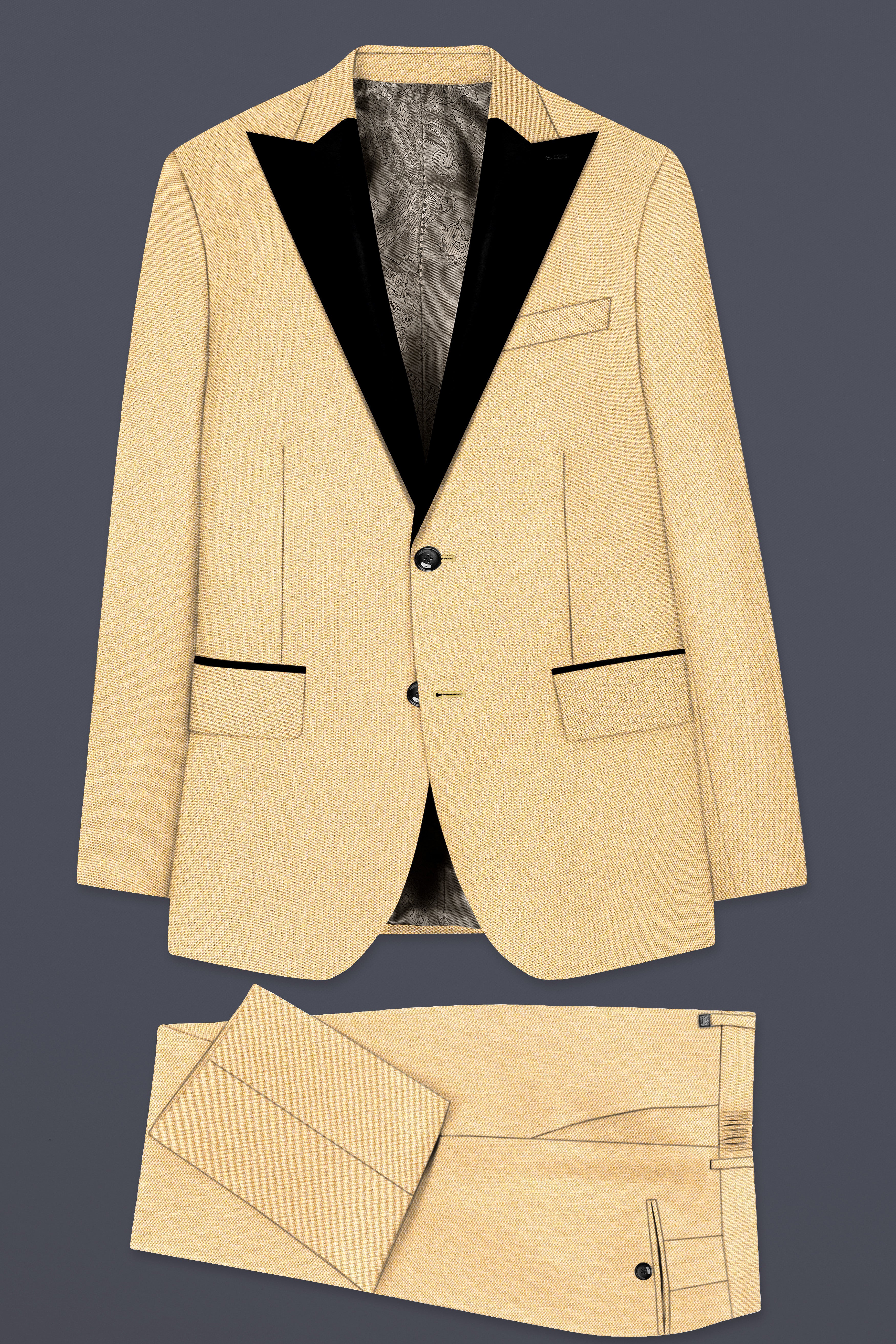 Marzipan Cream Textured Wool Blend Peak Collar Tuxedo Suit