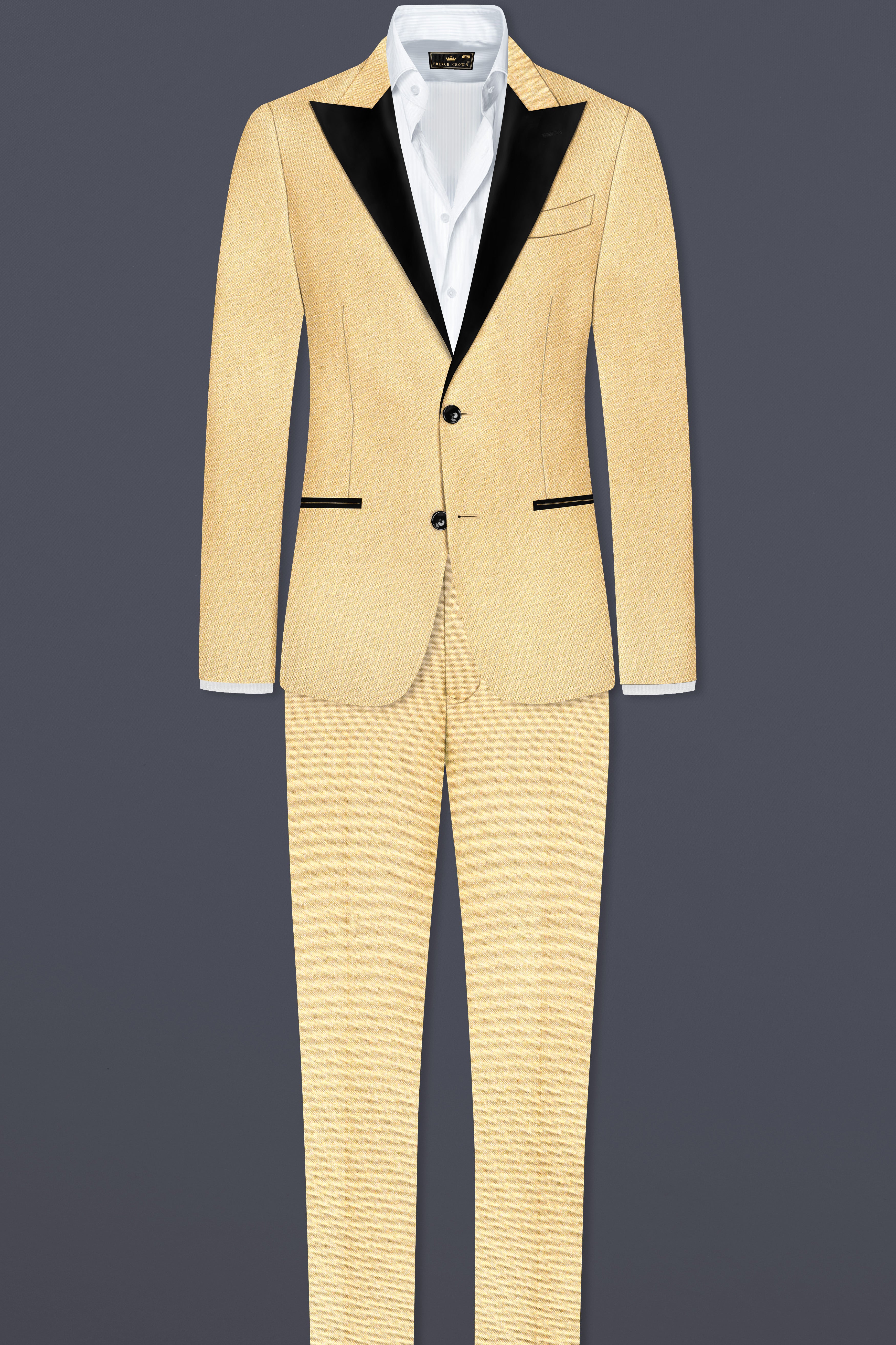 Marzipan Cream Textured Wool Blend Peak Collar Tuxedo Suit