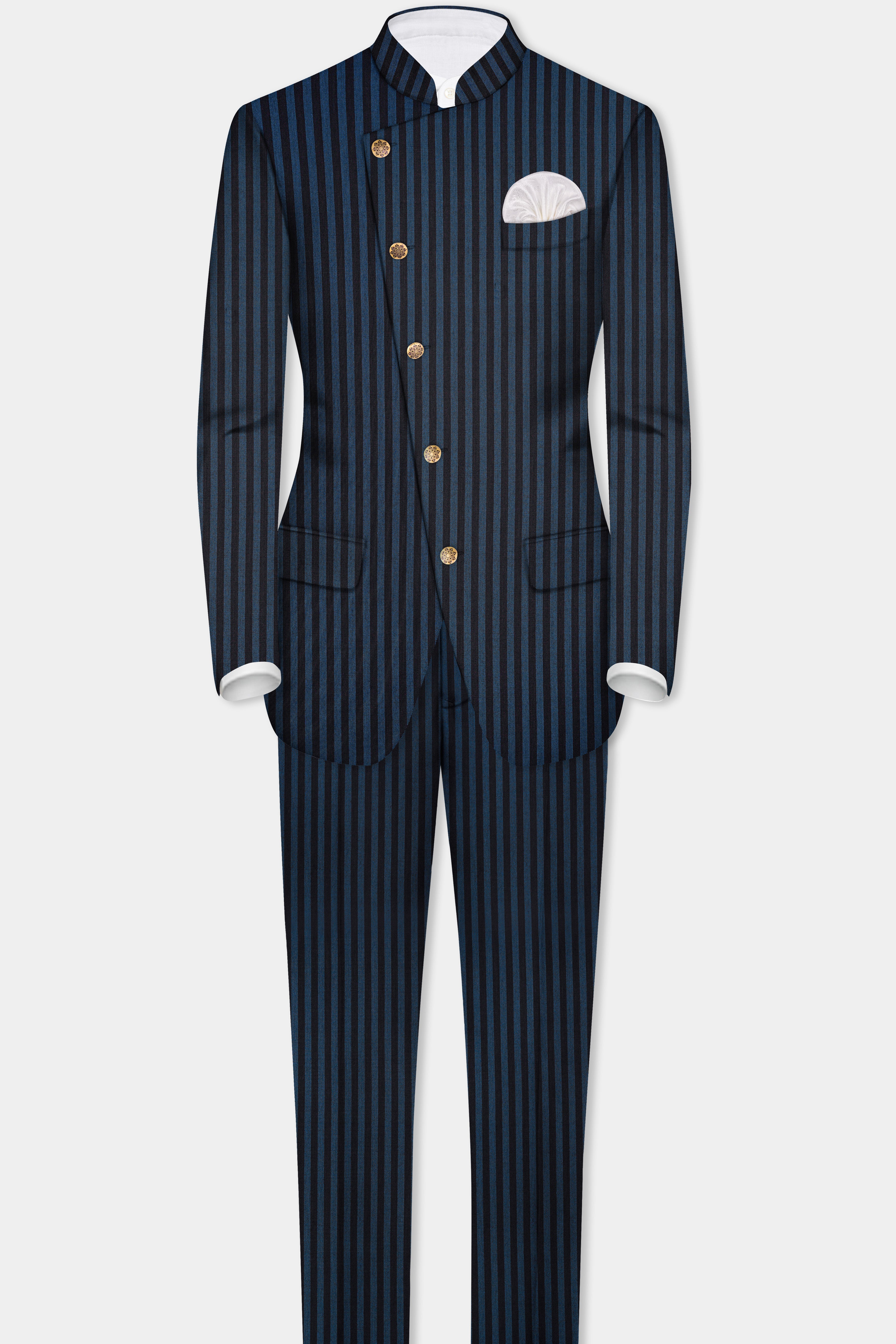 Tiber Blue And Jade Black Striped Wool Blend Cross Placket Bandhgala Suit