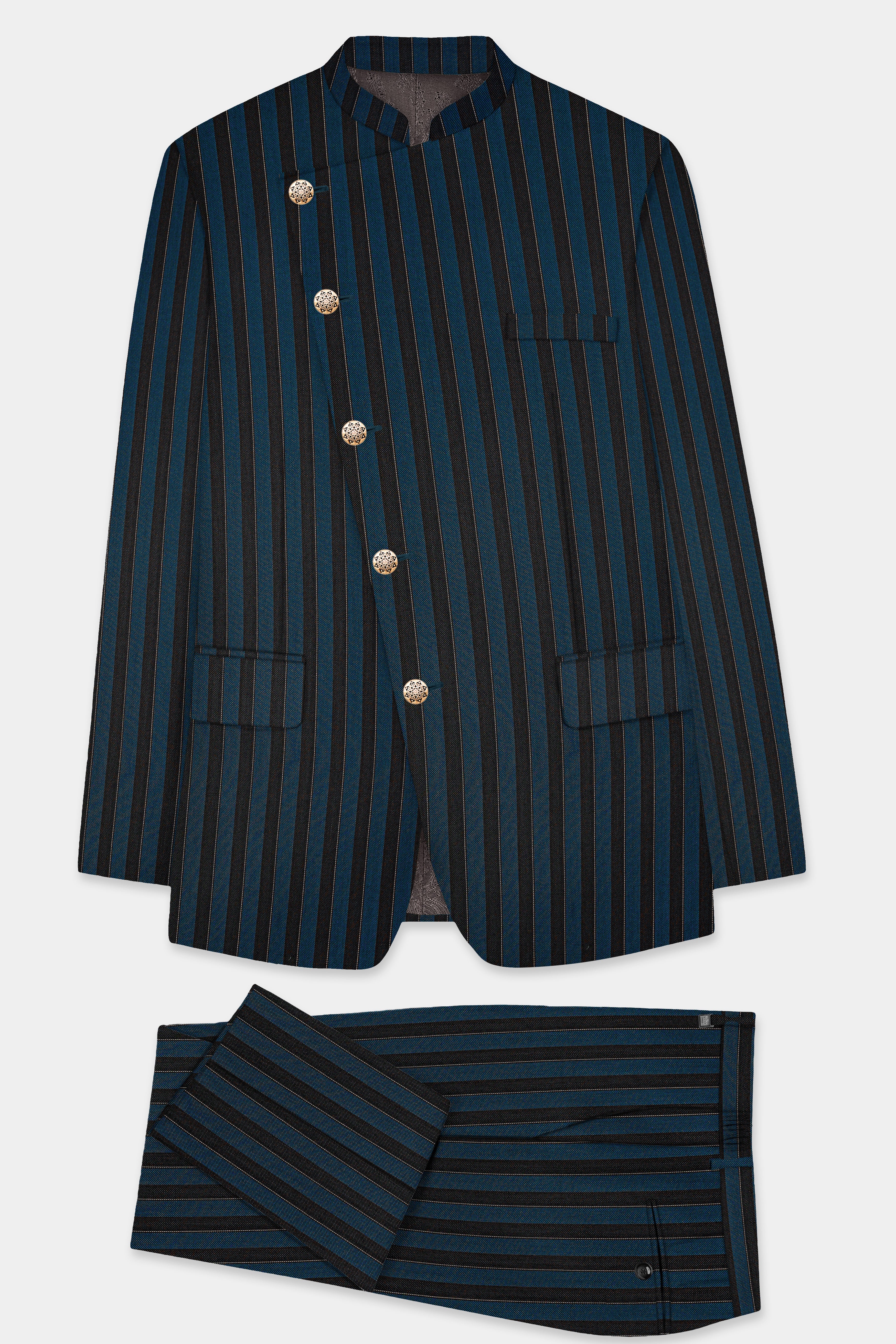 Daintree Blue And Jade Black Striped Wool Blend Cross Placket Bandhgala Suit