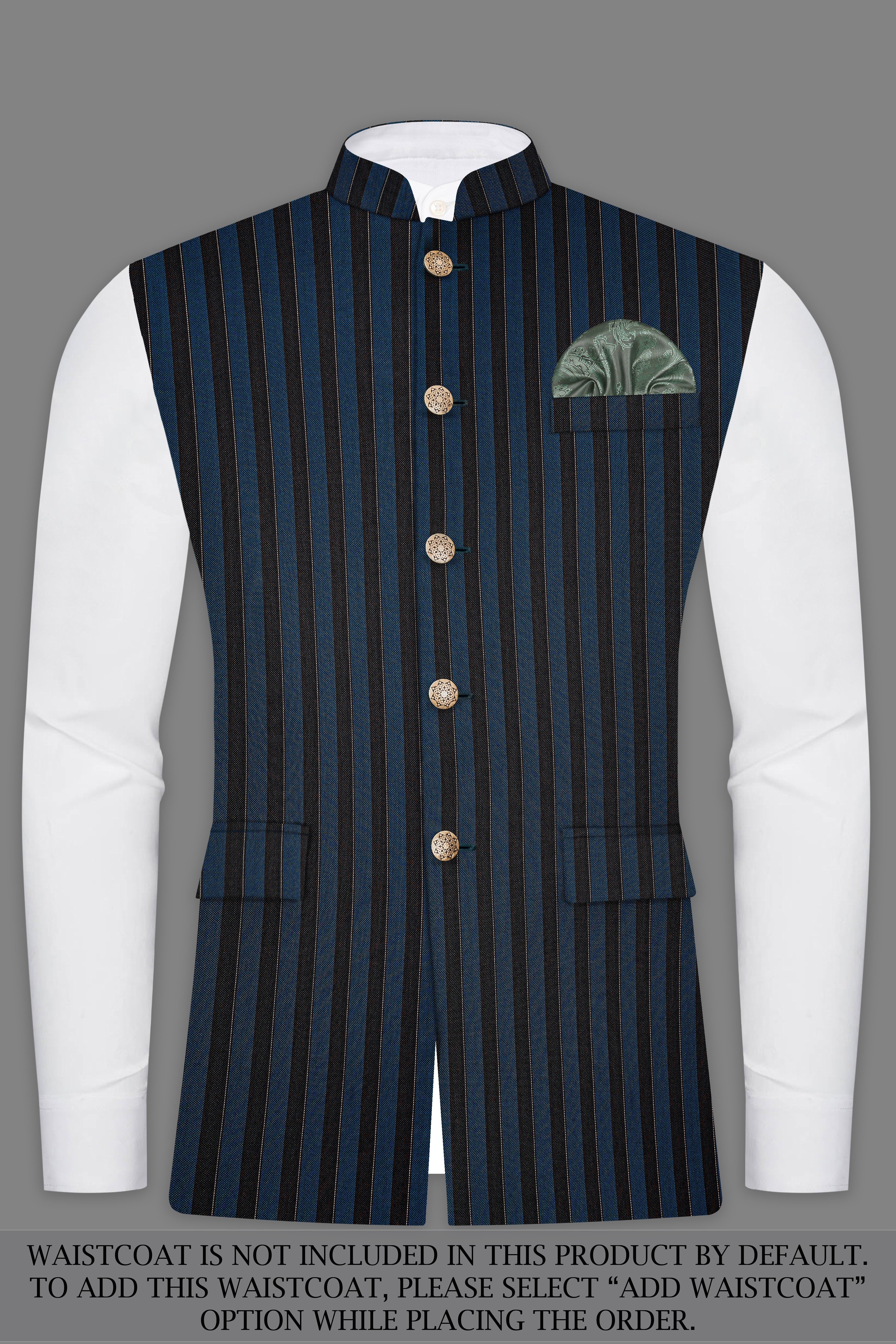 Daintree Blue And Jade Black Striped Wool Blend Cross Placket Bandhgala Suit