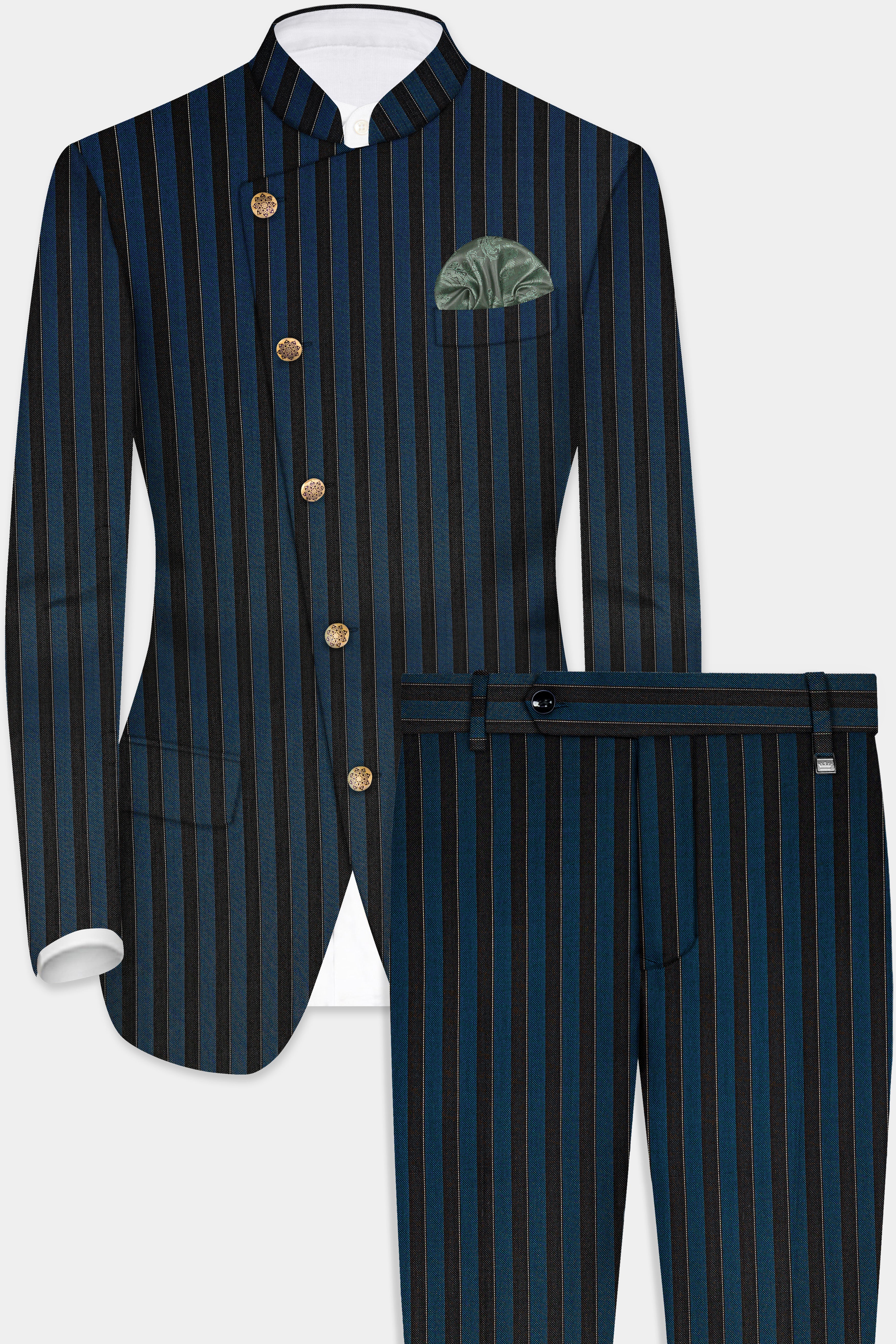 Daintree Blue And Jade Black Striped Wool Blend Cross Placket Bandhgala Suit