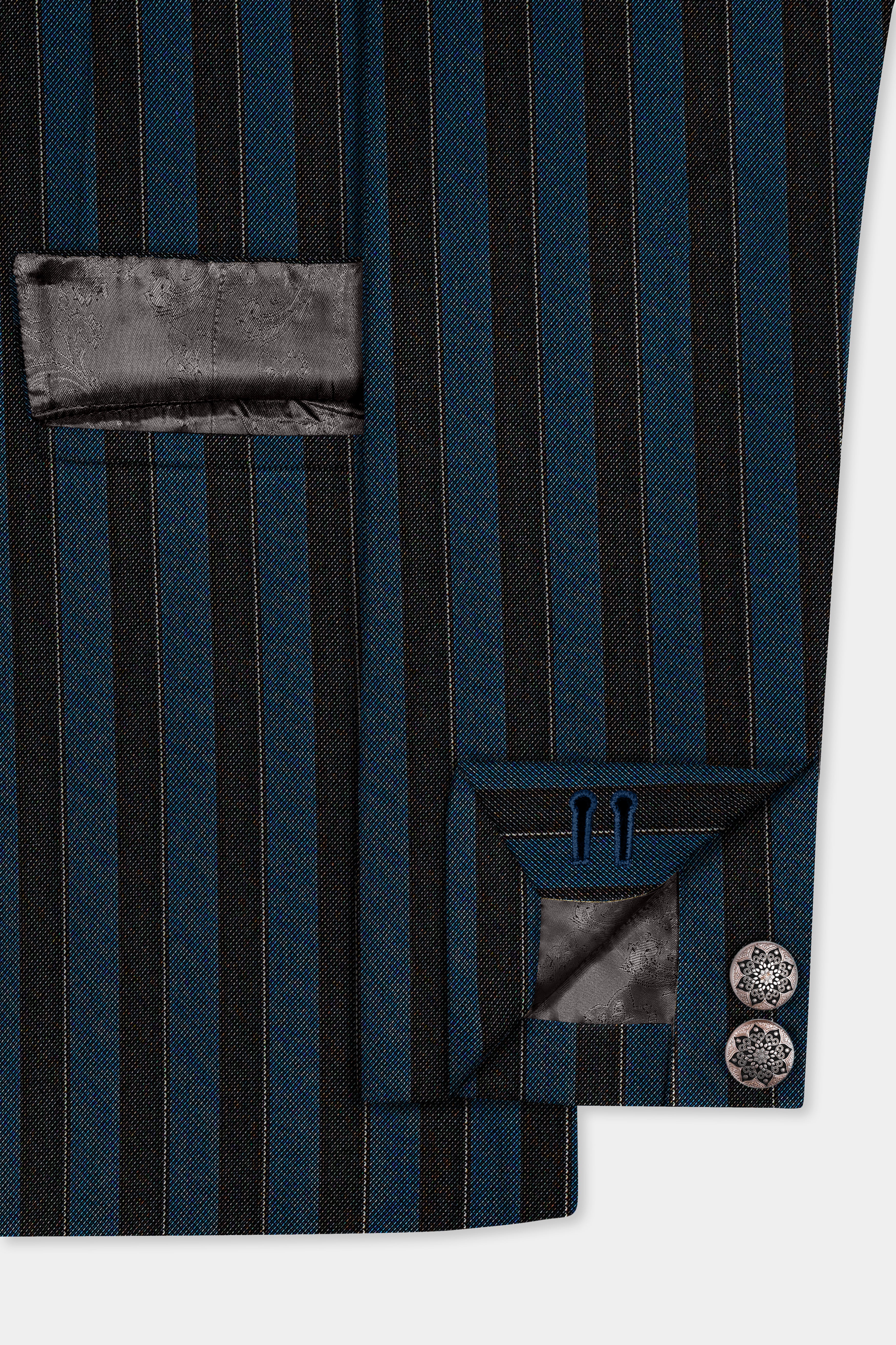 Daintree Blue And Jade Black Striped Wool Blend Cross Placket Bandhgala Suit