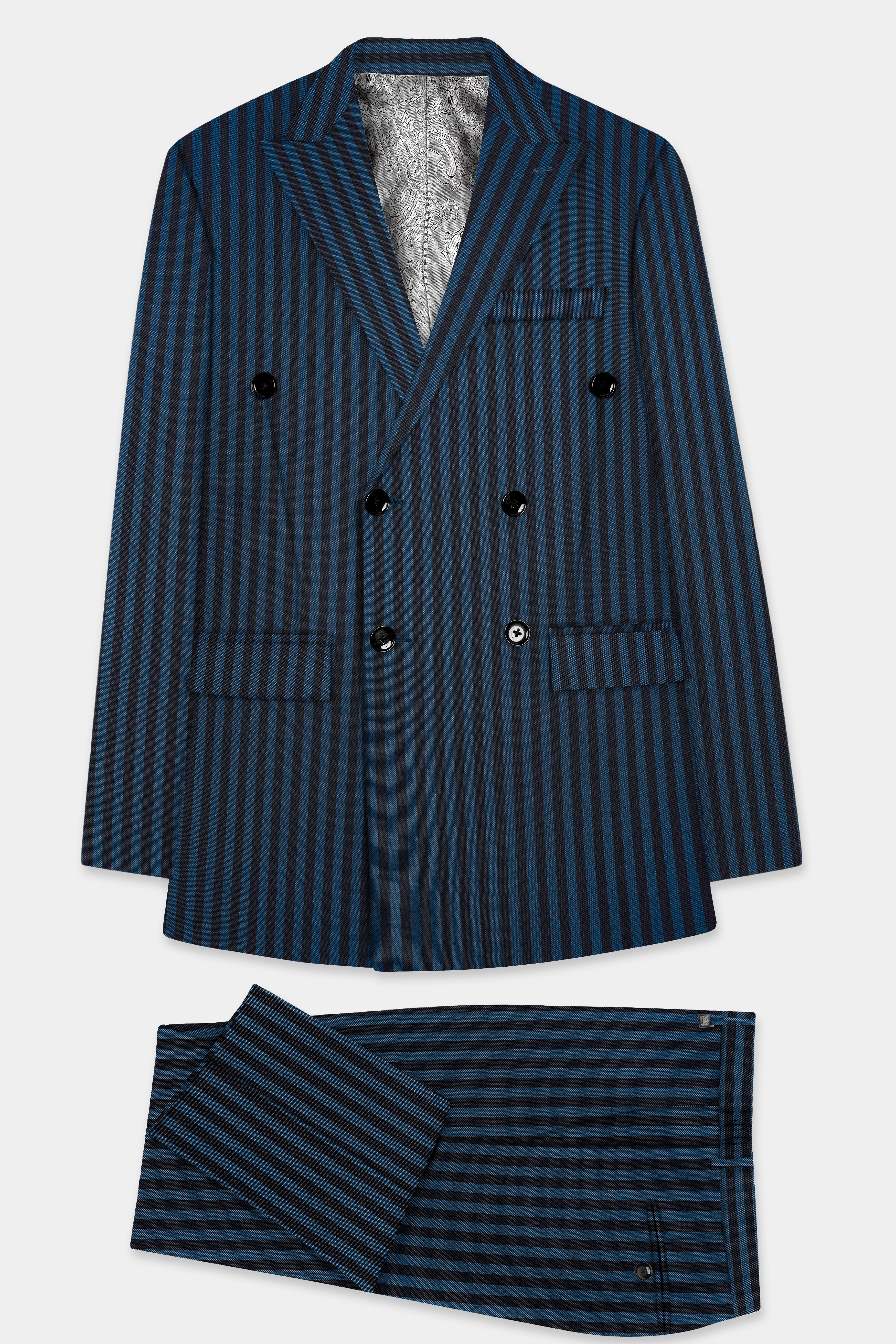 Tiber Blue And Jade Black Striped Wool Blend Double Breasted Suit