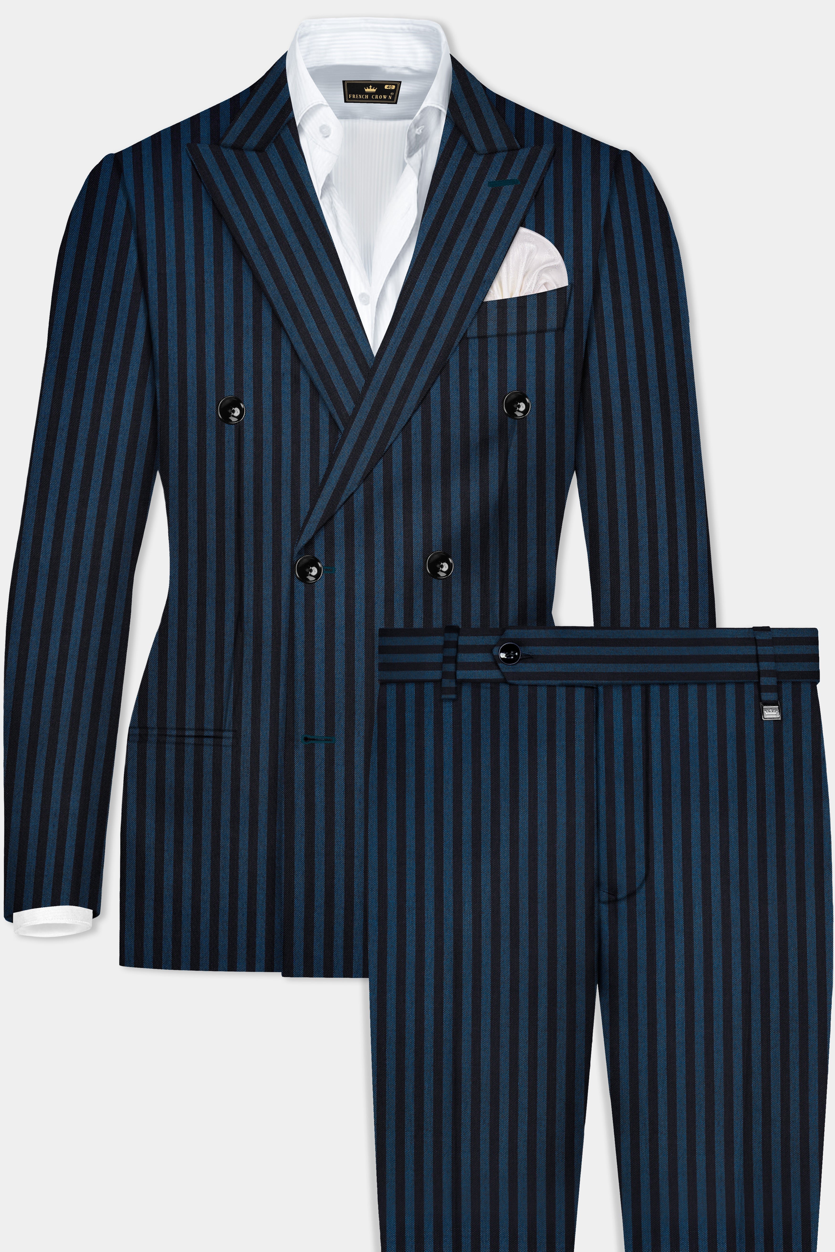 Tiber Blue And Jade Black Striped Wool Blend Double Breasted Suit