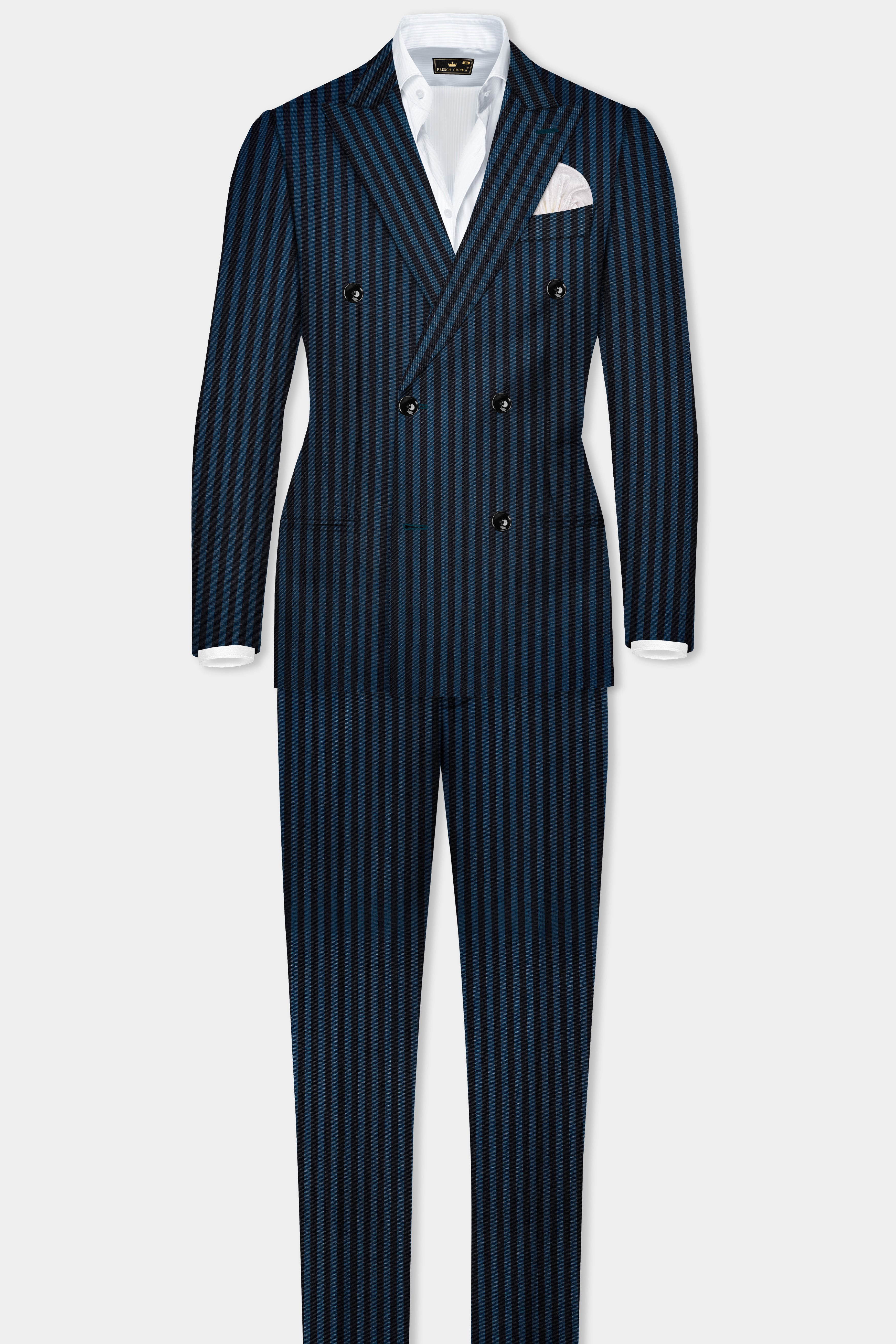 Tiber Blue And Jade Black Striped Wool Blend Double Breasted Suit