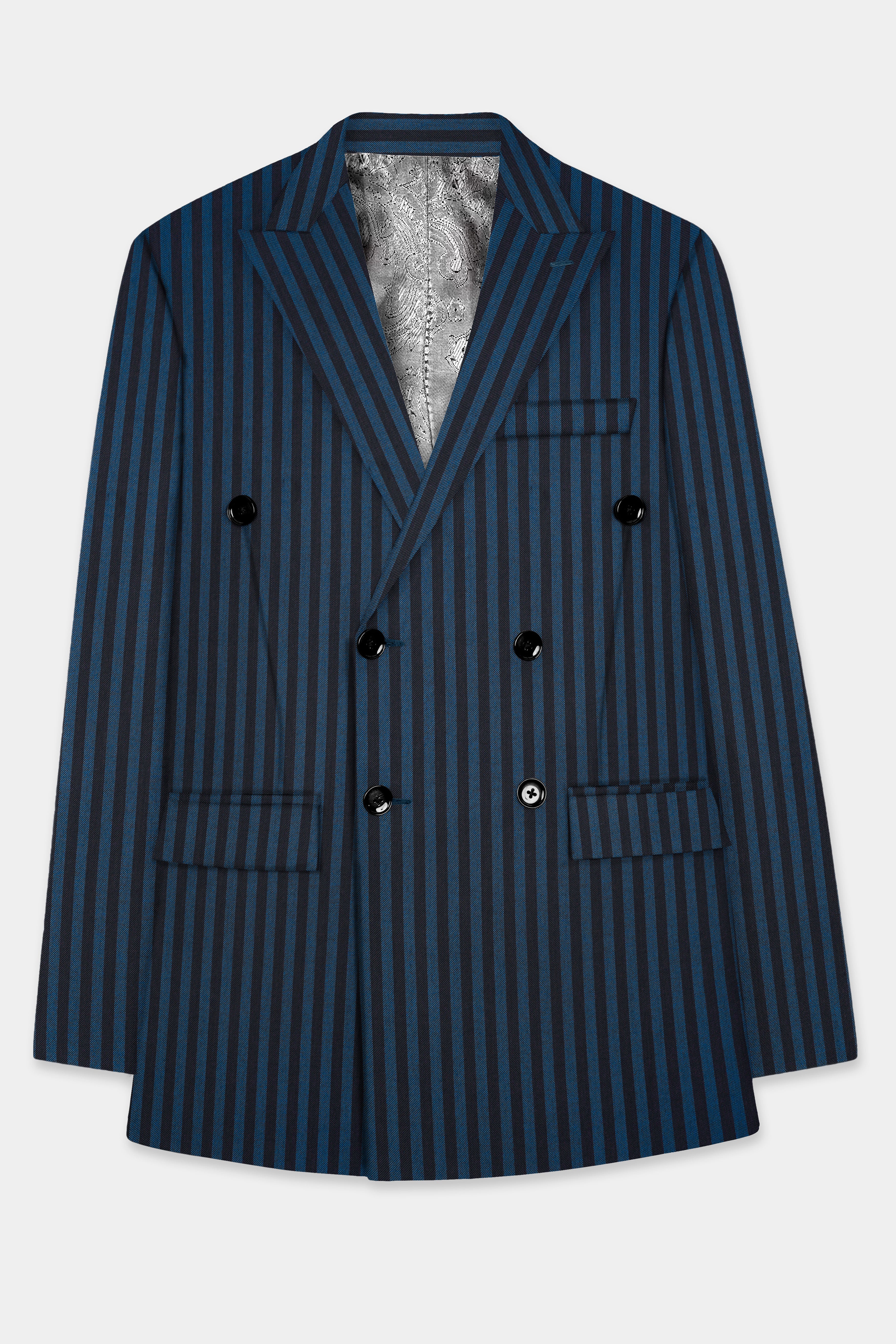 Tiber Blue And Jade Black Striped Wool Blend Double Breasted Suit