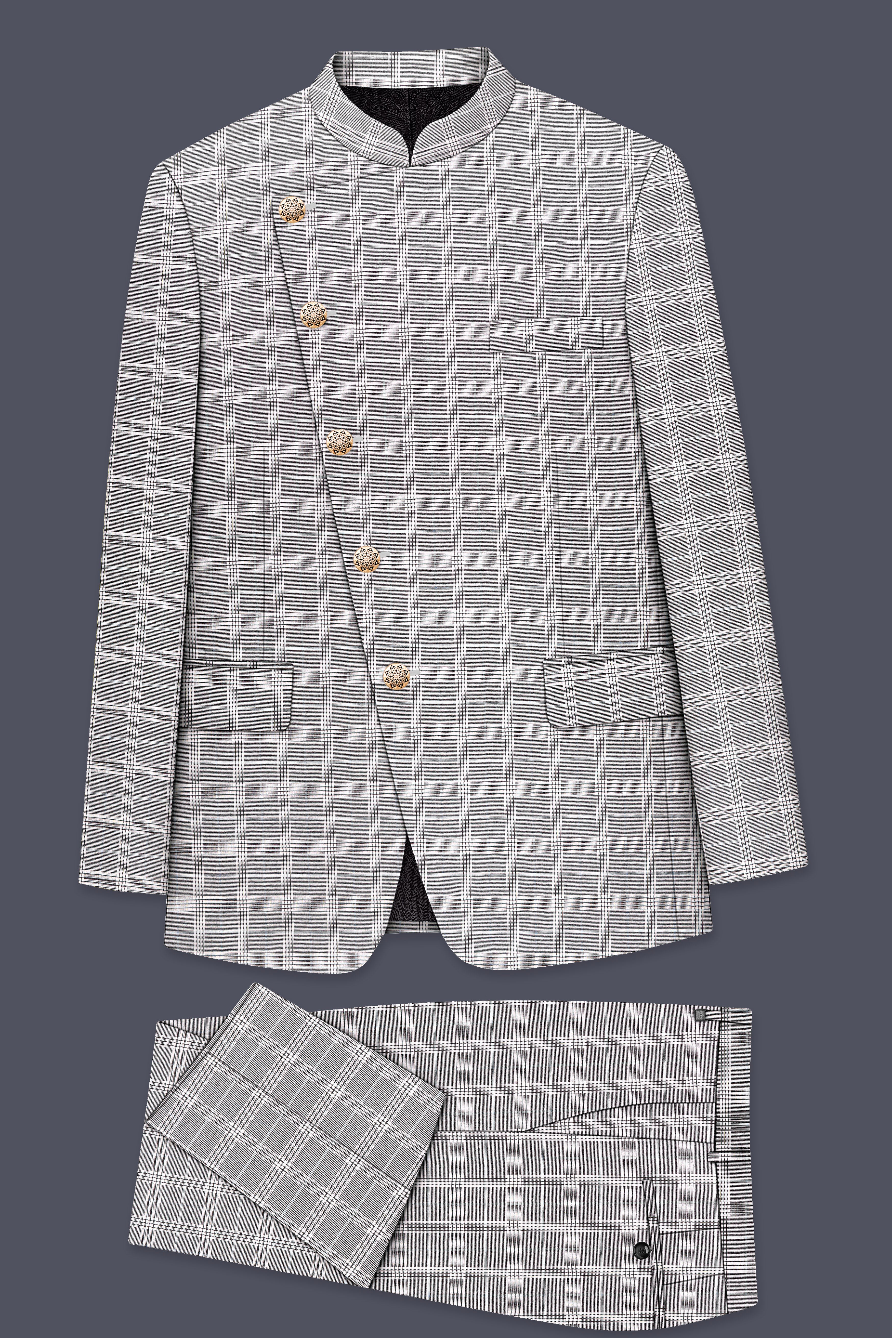 Monsoon Gray Plaid Wool Rich Cross Placket Bandhgala Suit