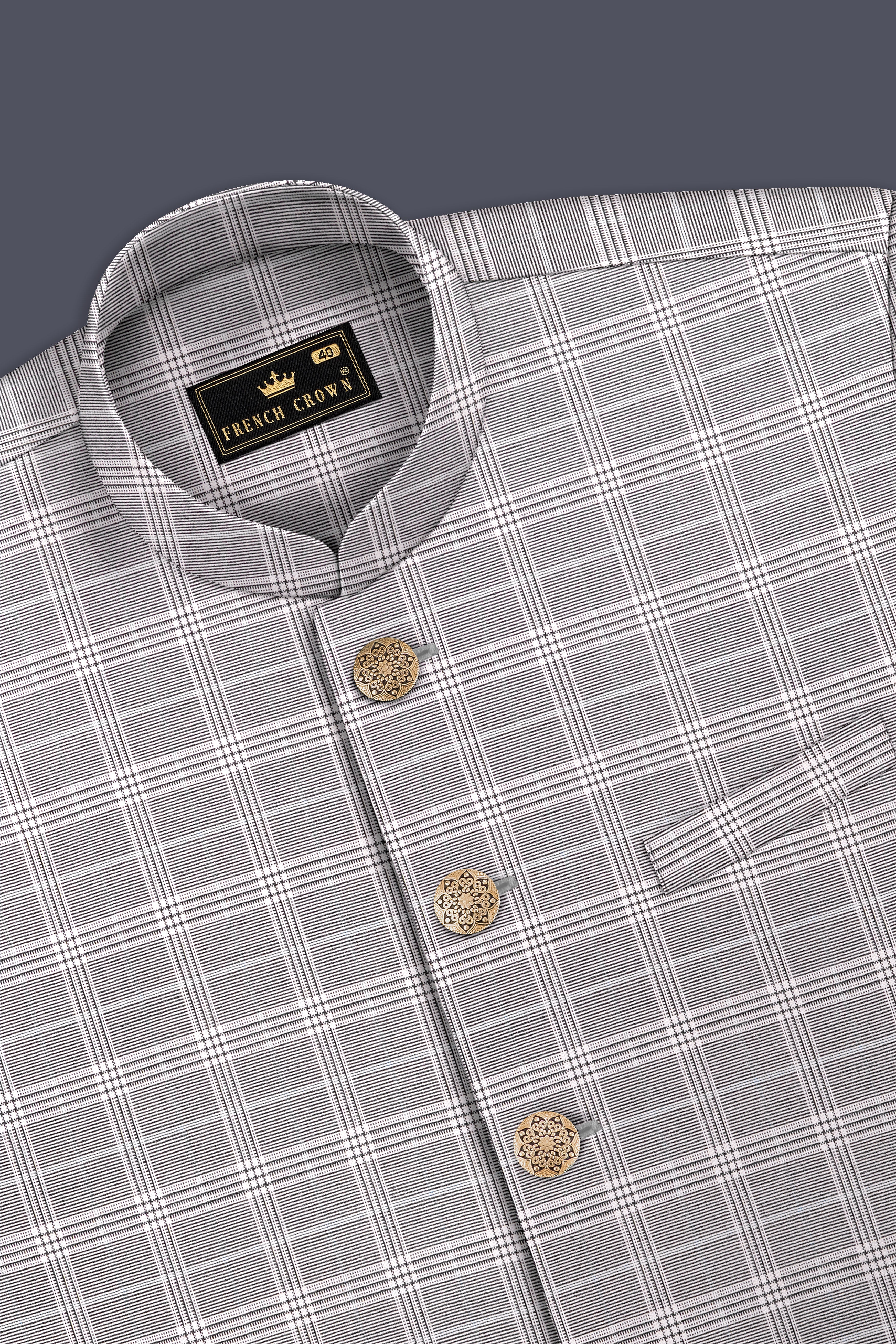 Monsoon Gray Plaid Wool Rich Cross Placket Bandhgala Suit