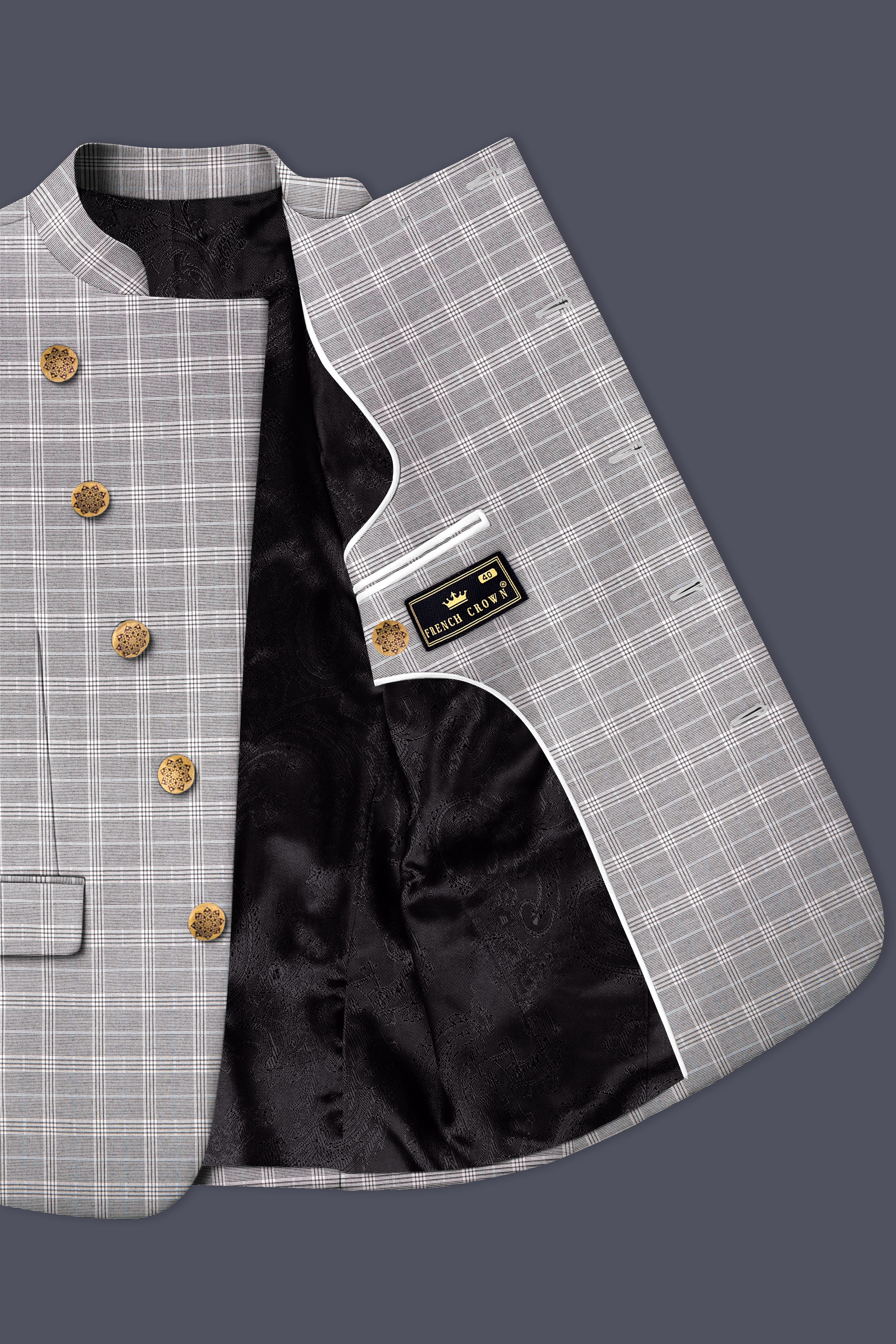 Monsoon Gray Plaid Wool Rich Cross Placket Bandhgala Suit