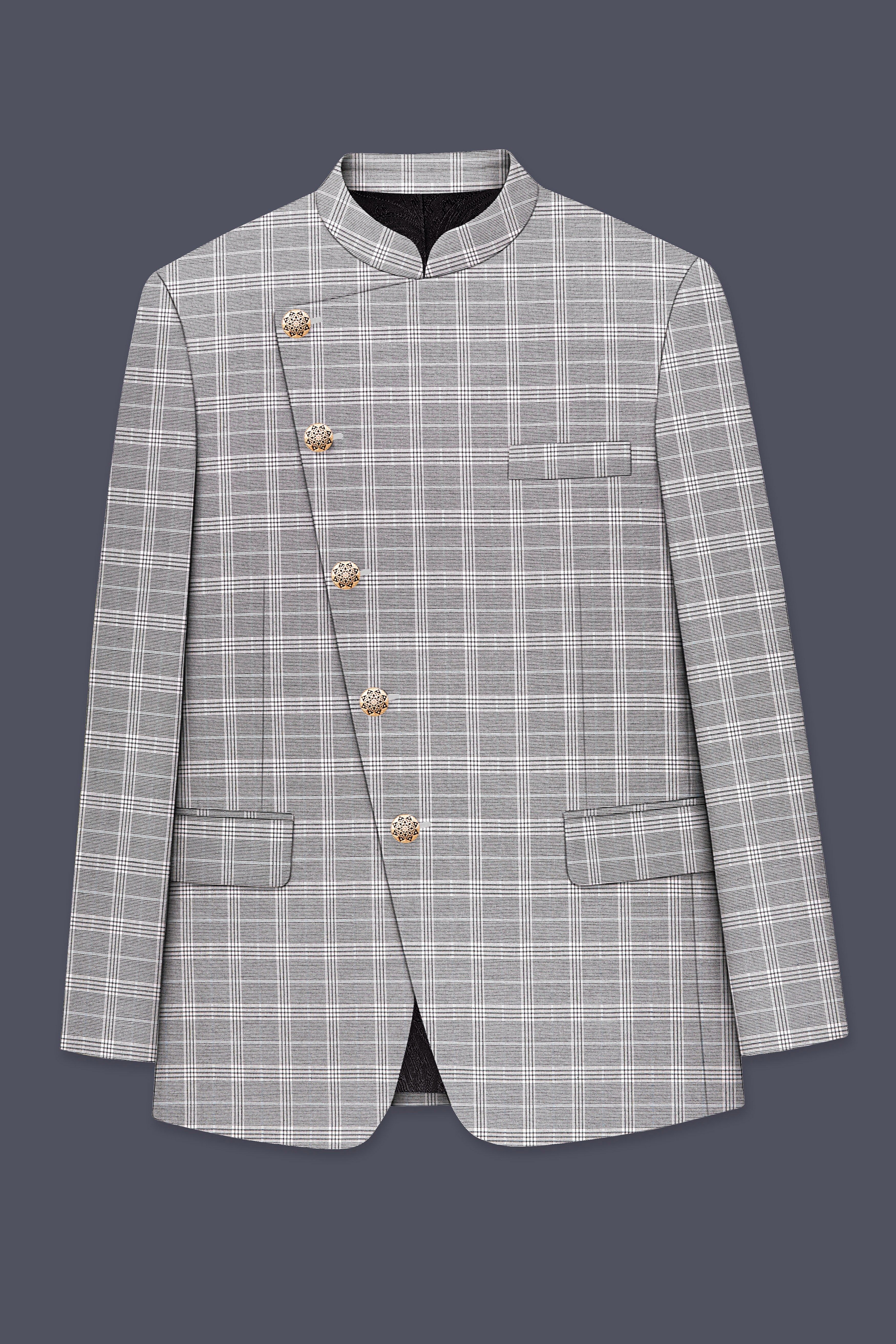 Monsoon Gray Plaid Wool Rich Cross Placket Bandhgala Suit