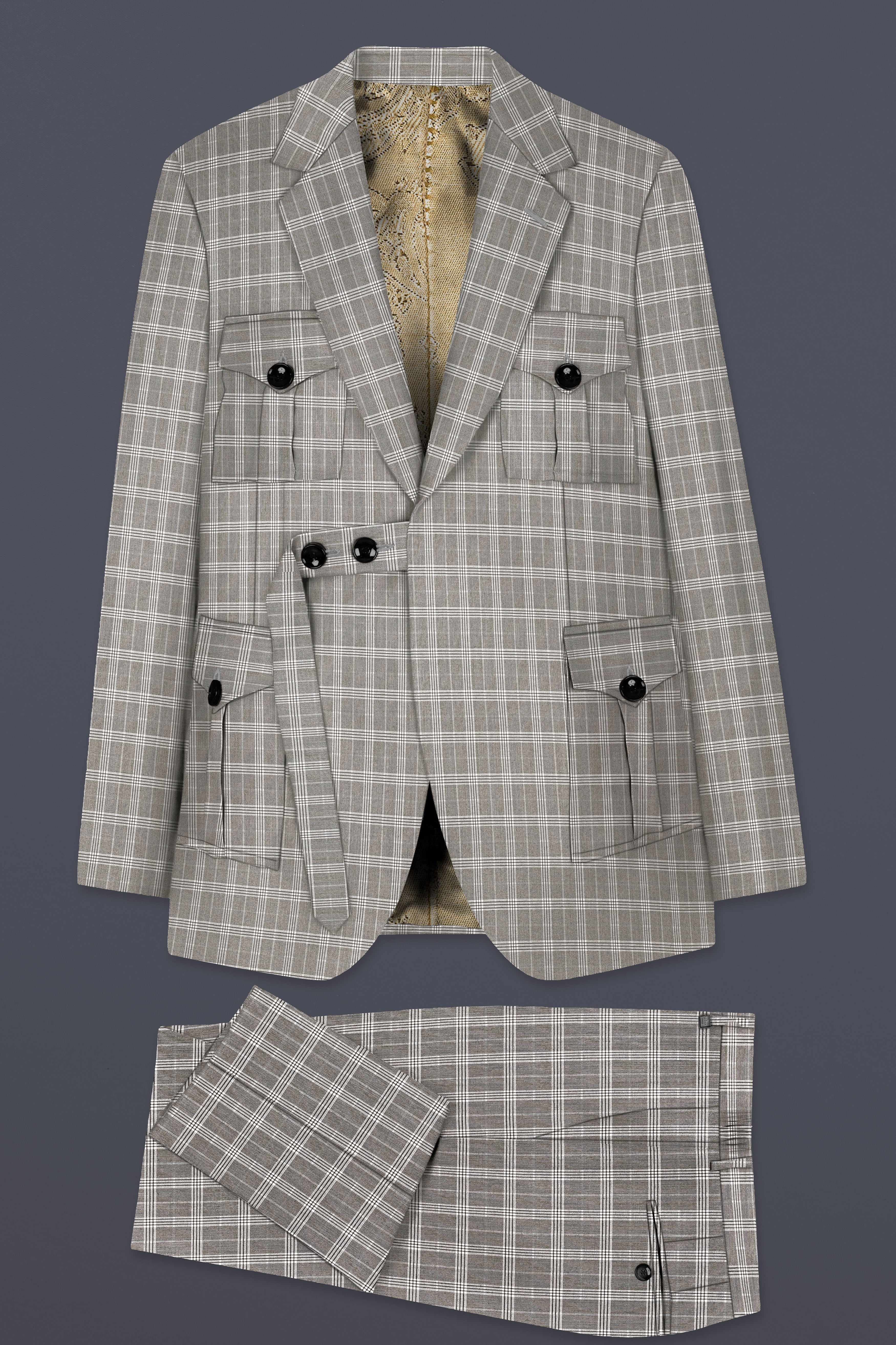 Venus Gray Plaid Wool Rich Belt Closure Designer Suit