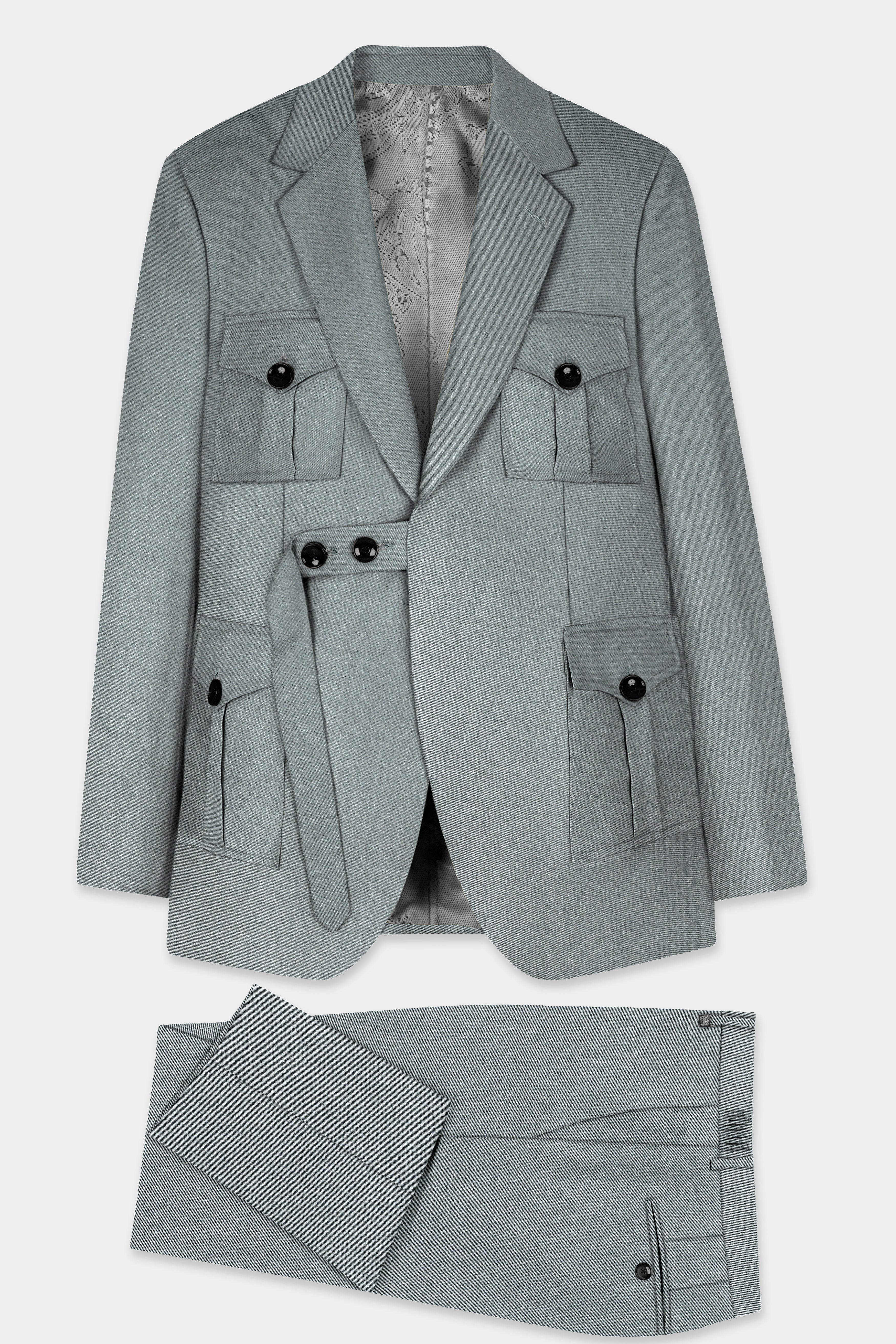 Smokey Gray Solid Cotton Belt Closure Designer Suit