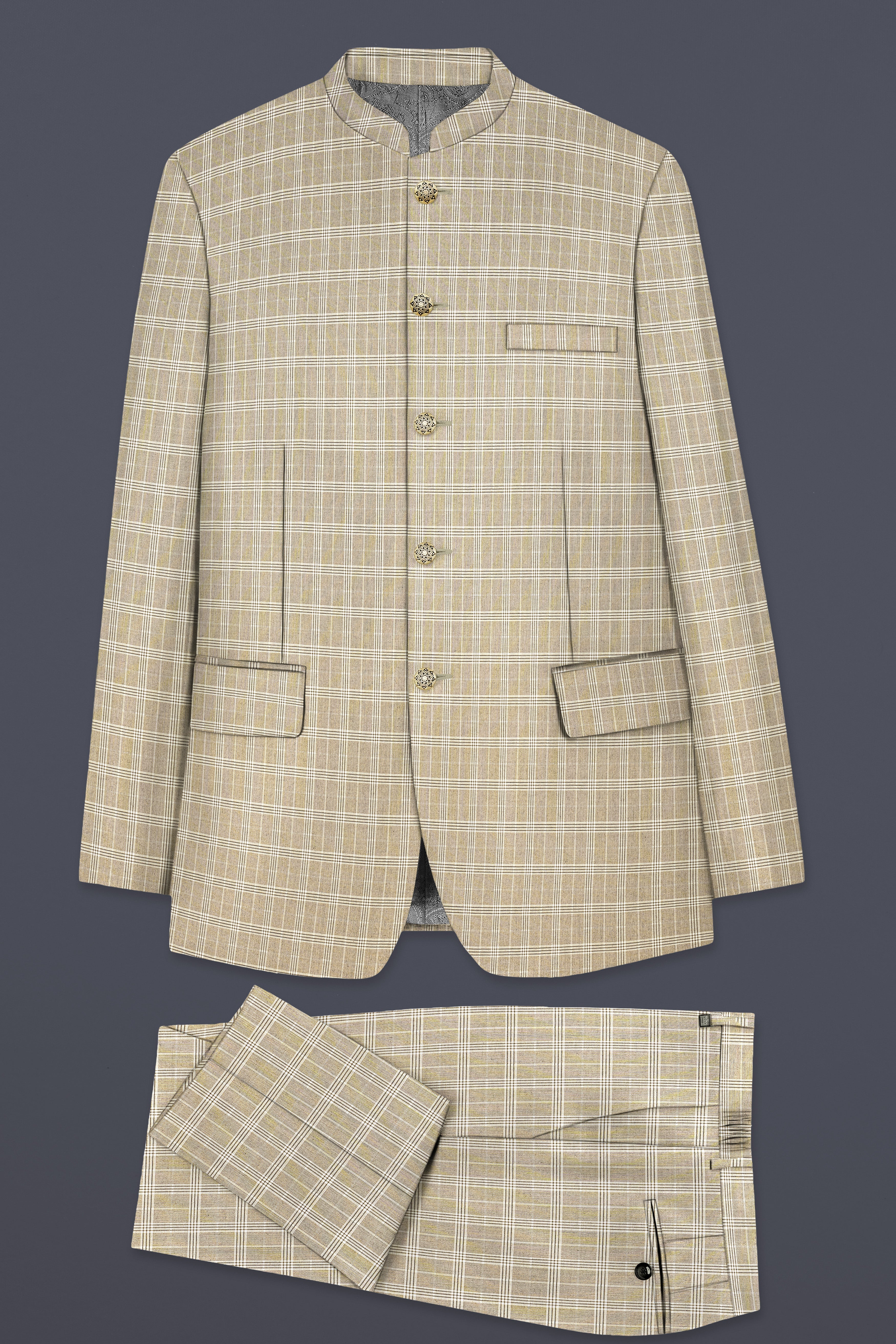 Eagle Cream Plaid Wool Rich Bandhgala Suit