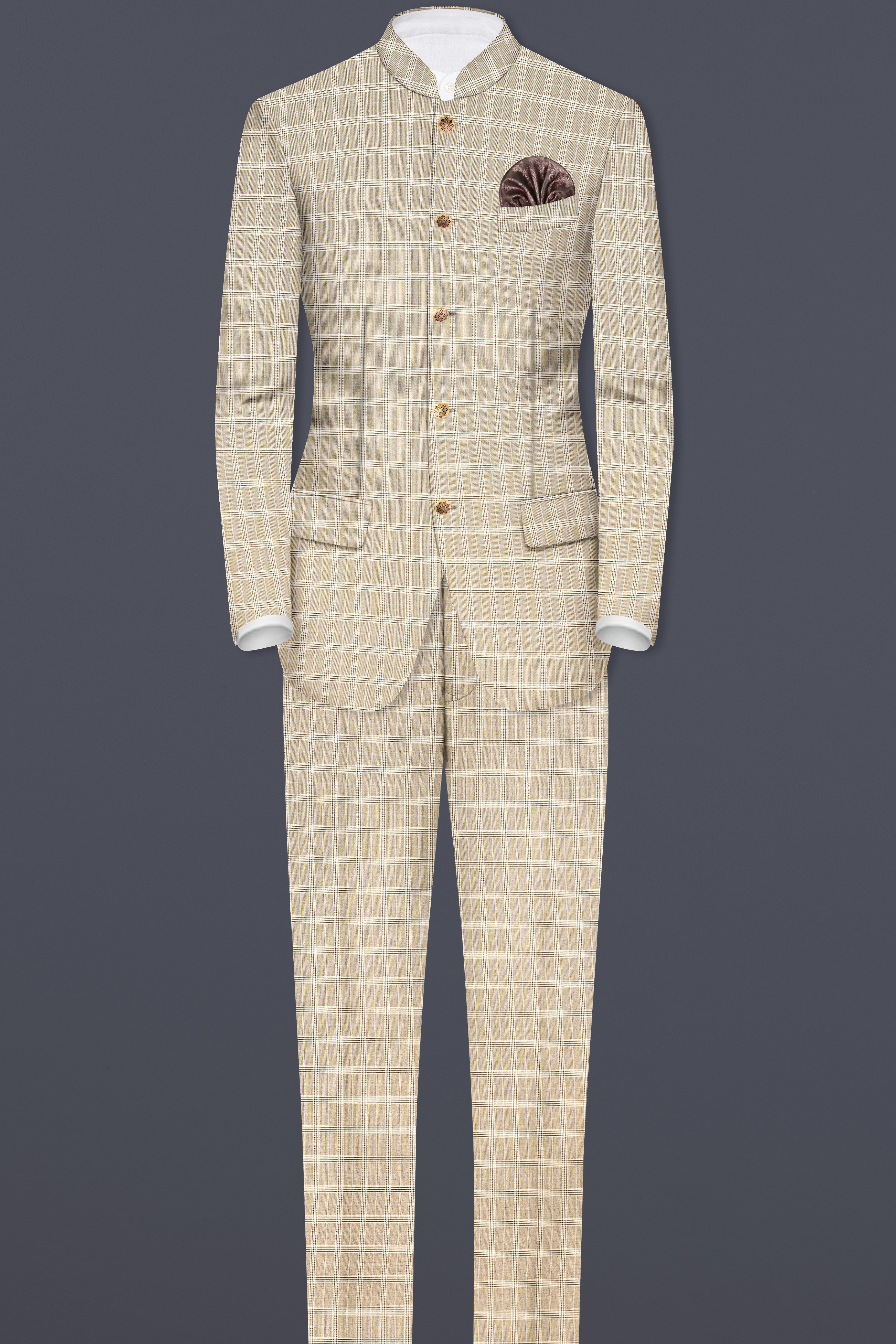 Eagle Cream Plaid Wool Rich Bandhgala Suit