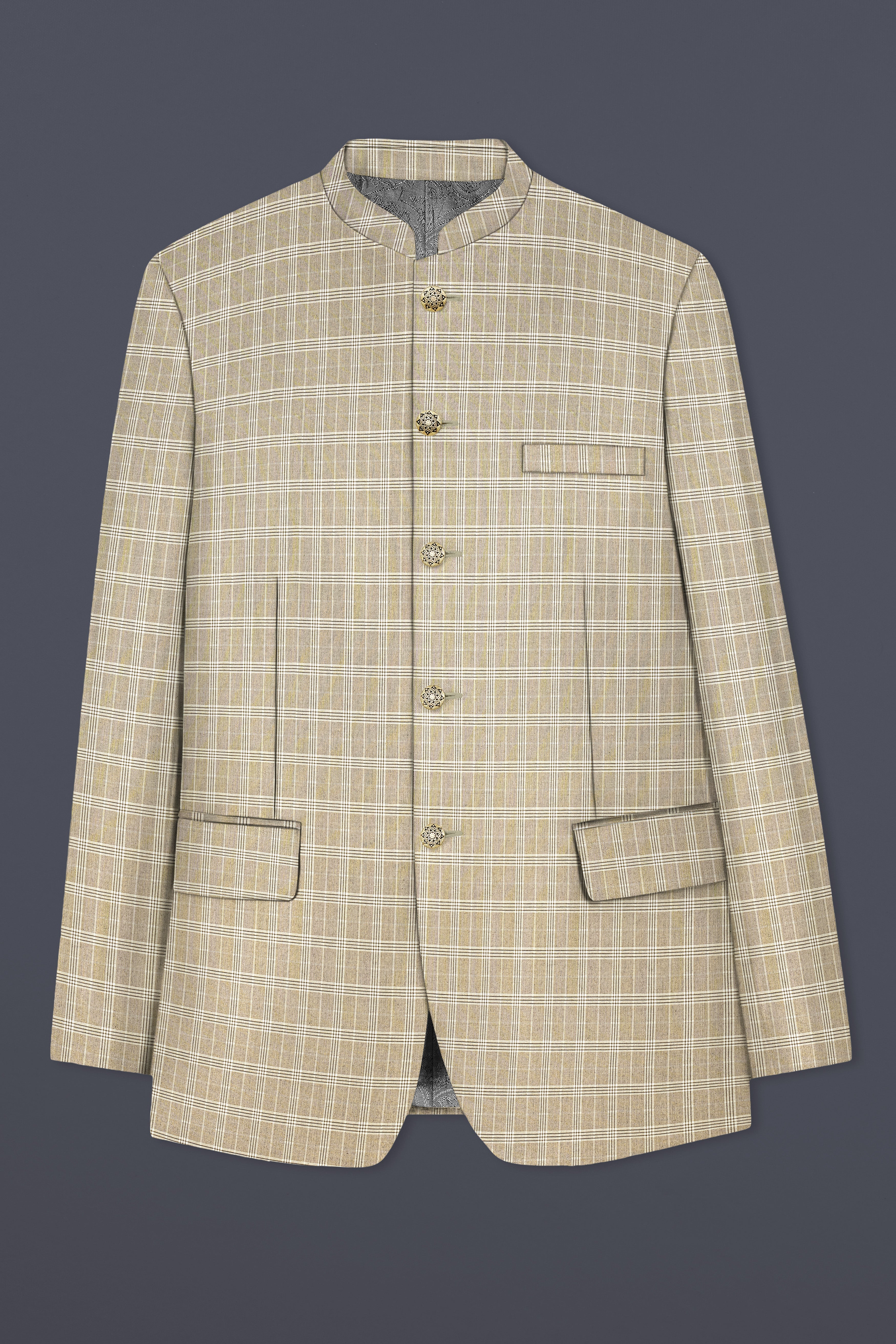 Eagle Cream Plaid Wool Rich Bandhgala Suit