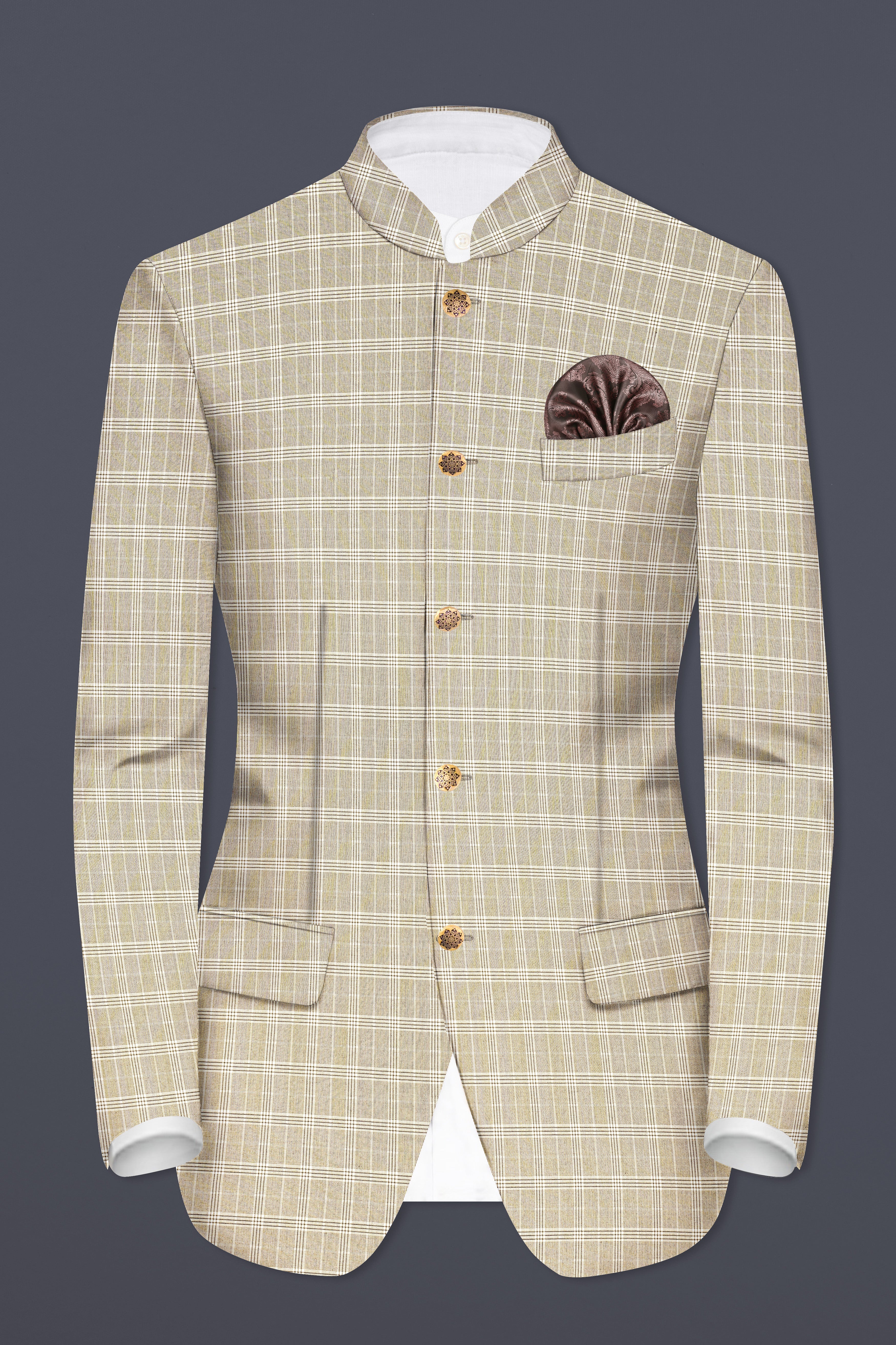 Eagle Cream Plaid Wool Rich Bandhgala Suit