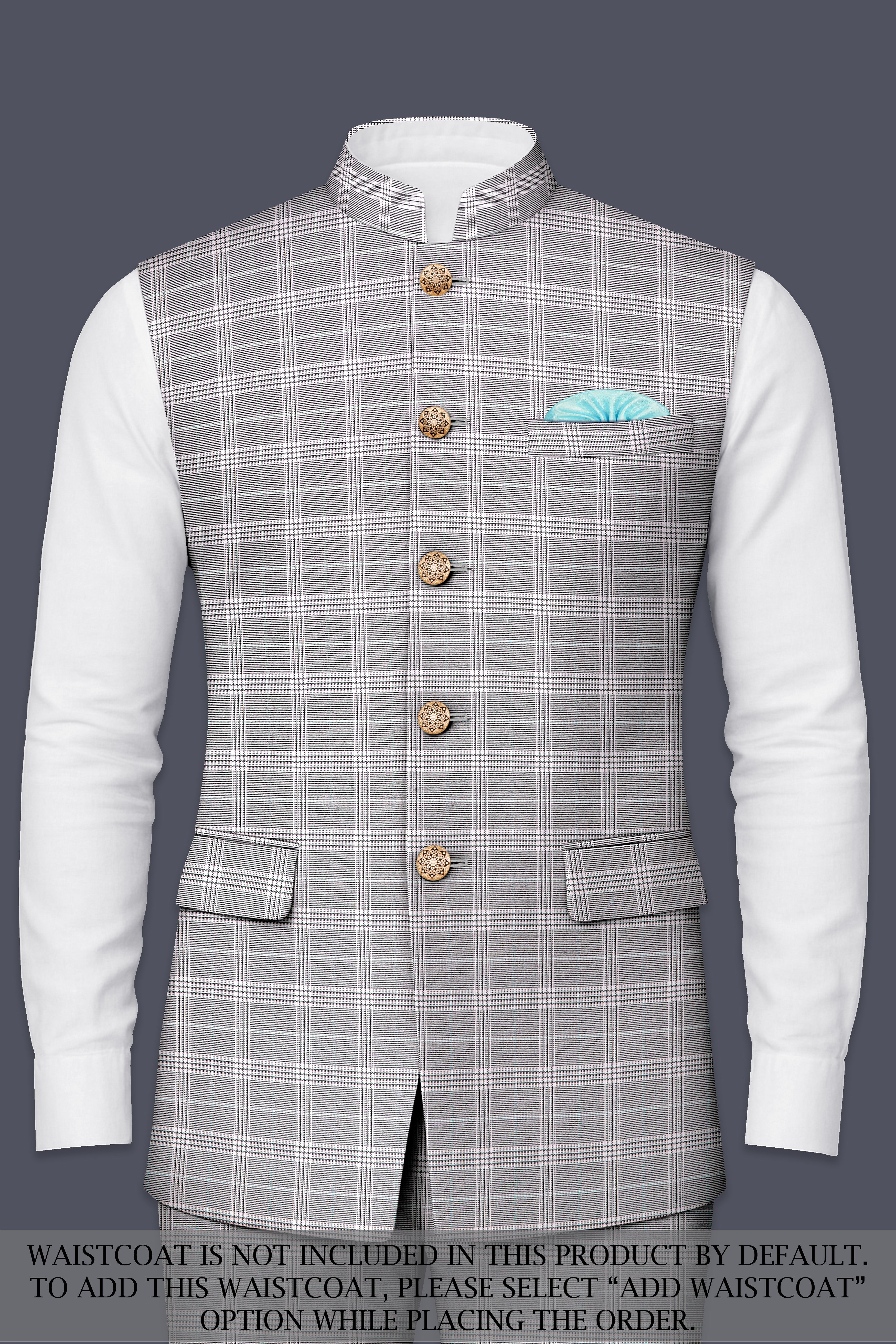 Venus Gray Plaid Wool Rich Cross Placket Bandhgala Suit
