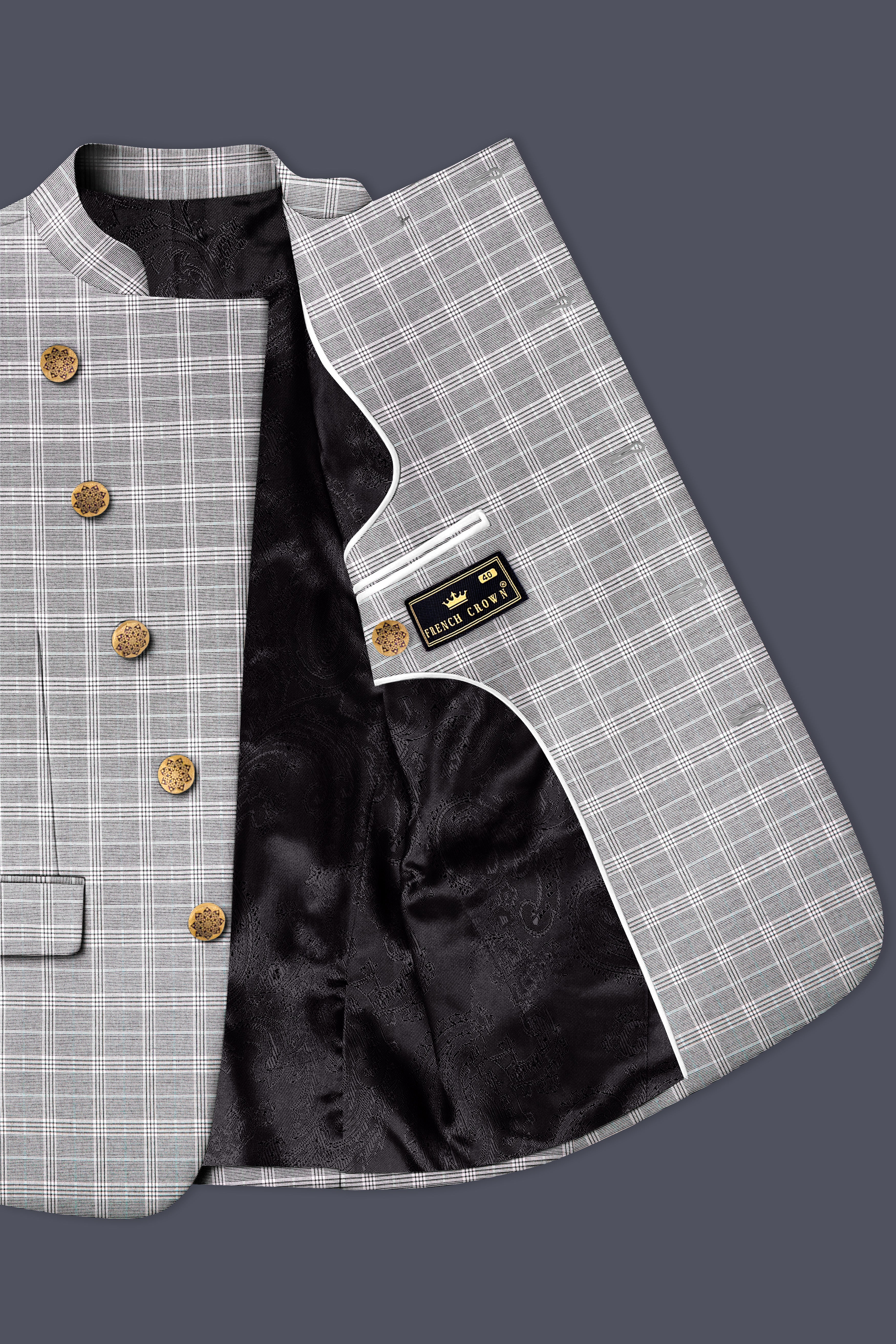 Venus Gray Plaid Wool Rich Cross Placket Bandhgala Suit