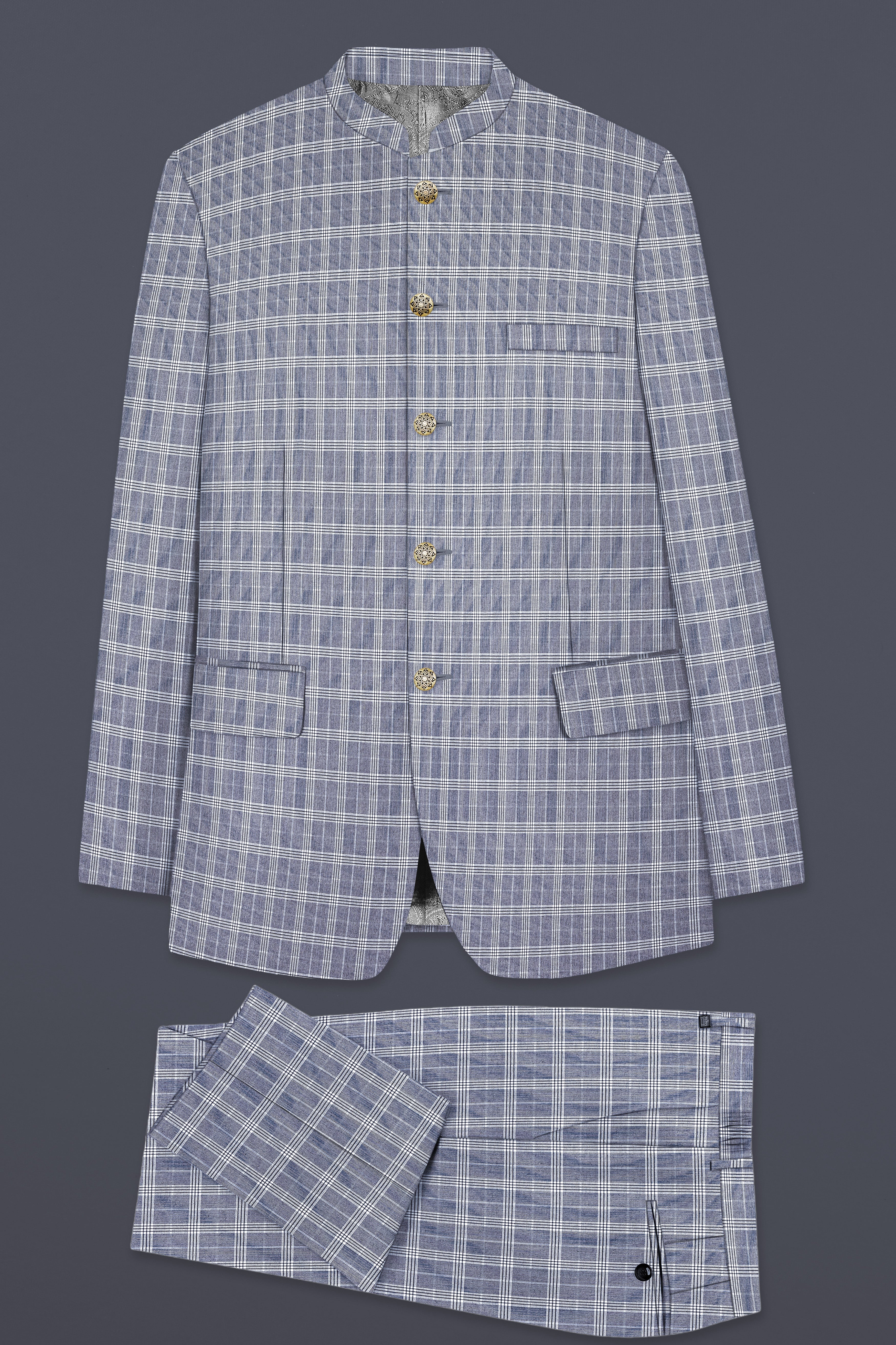 Mountain Mist Blue Plaid Wool Rich Bandhgala Suit