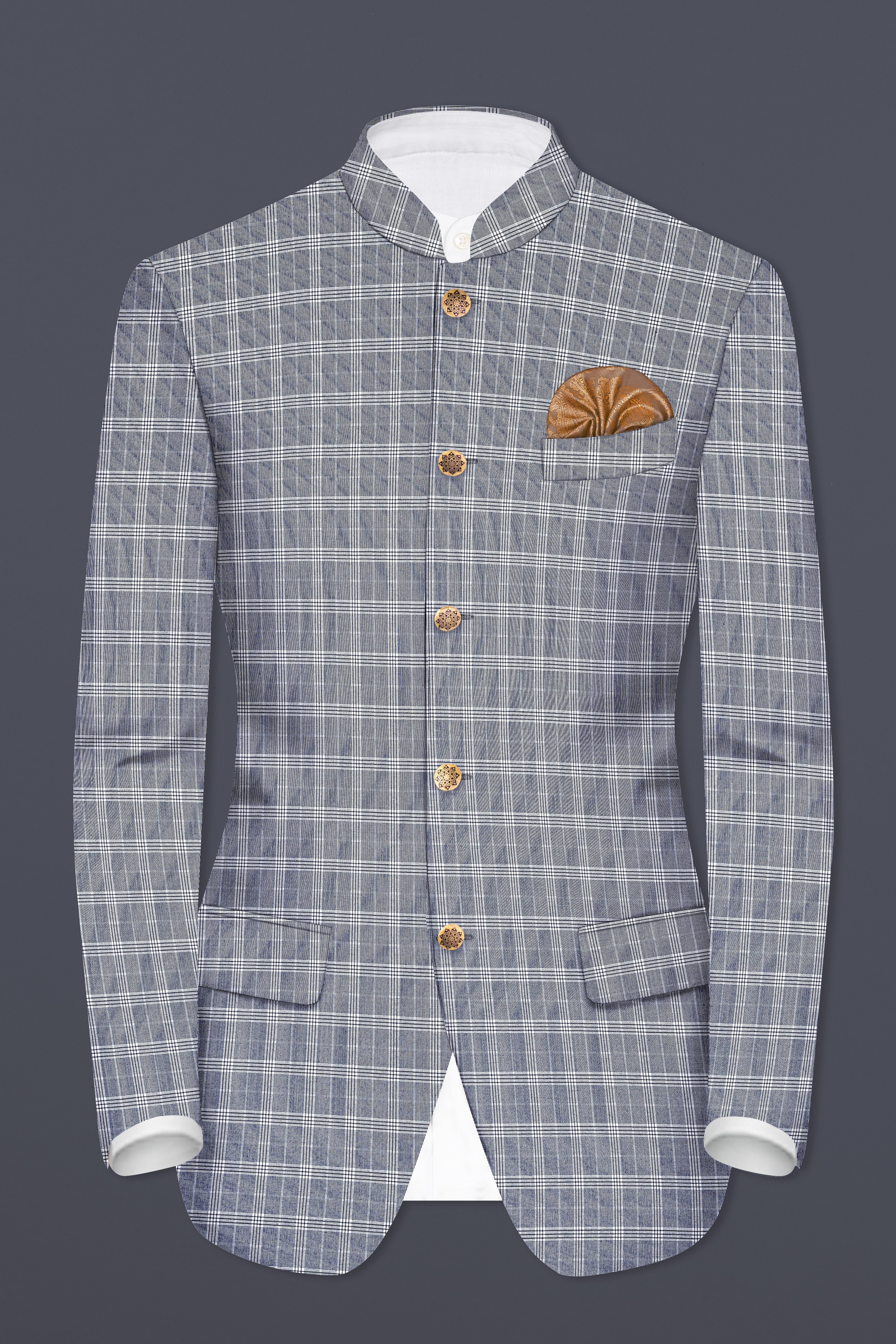 Mountain Mist Blue Plaid Wool Rich Bandhgala Suit